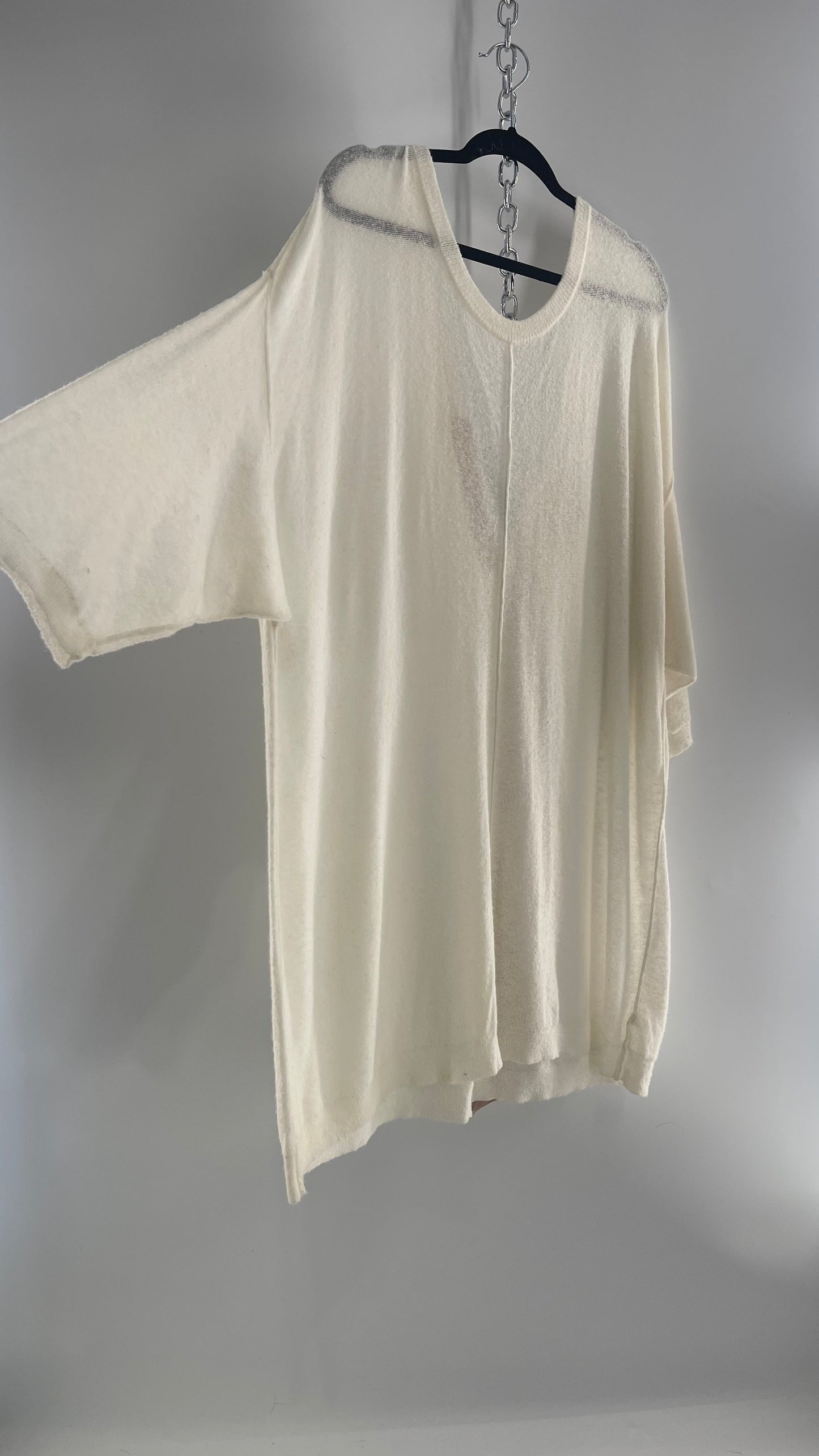 Free People Off White Thin Knit Cozy Sweater Dress with Open Back and Dusty Rose Ribbon (L)