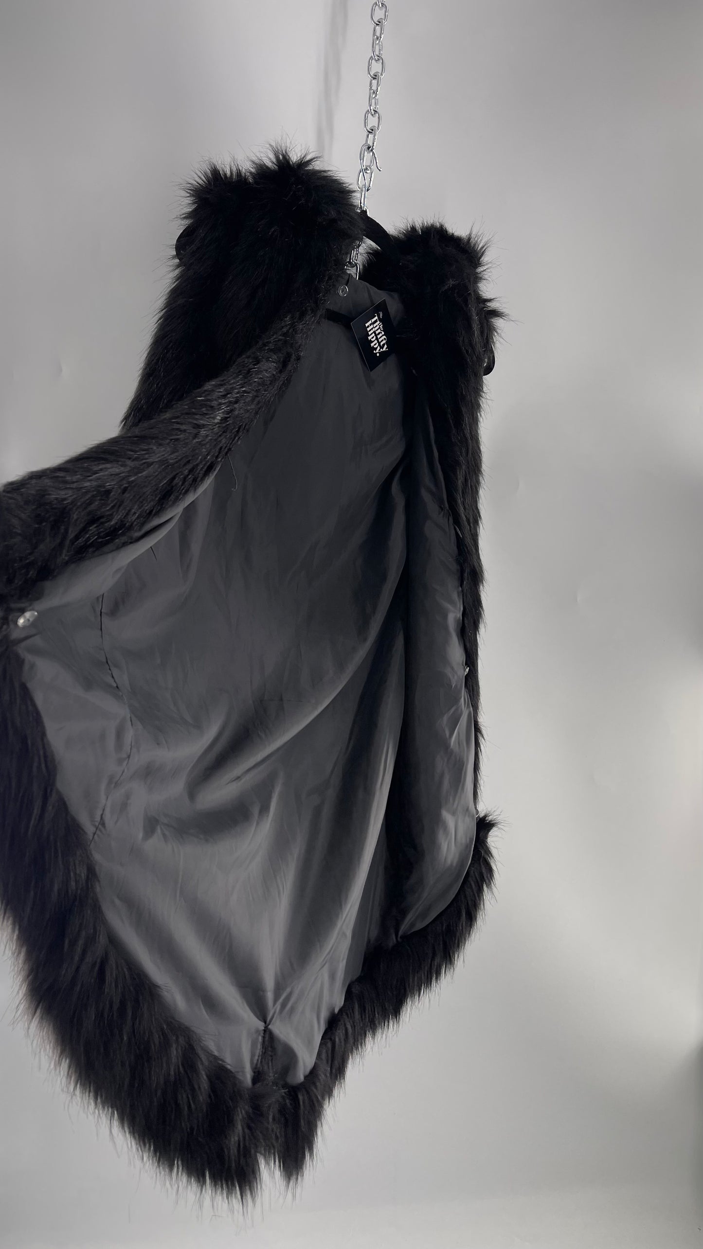 Full Length Black Fuzzy Sleeveless Vest with Oversized Hood (Medium)