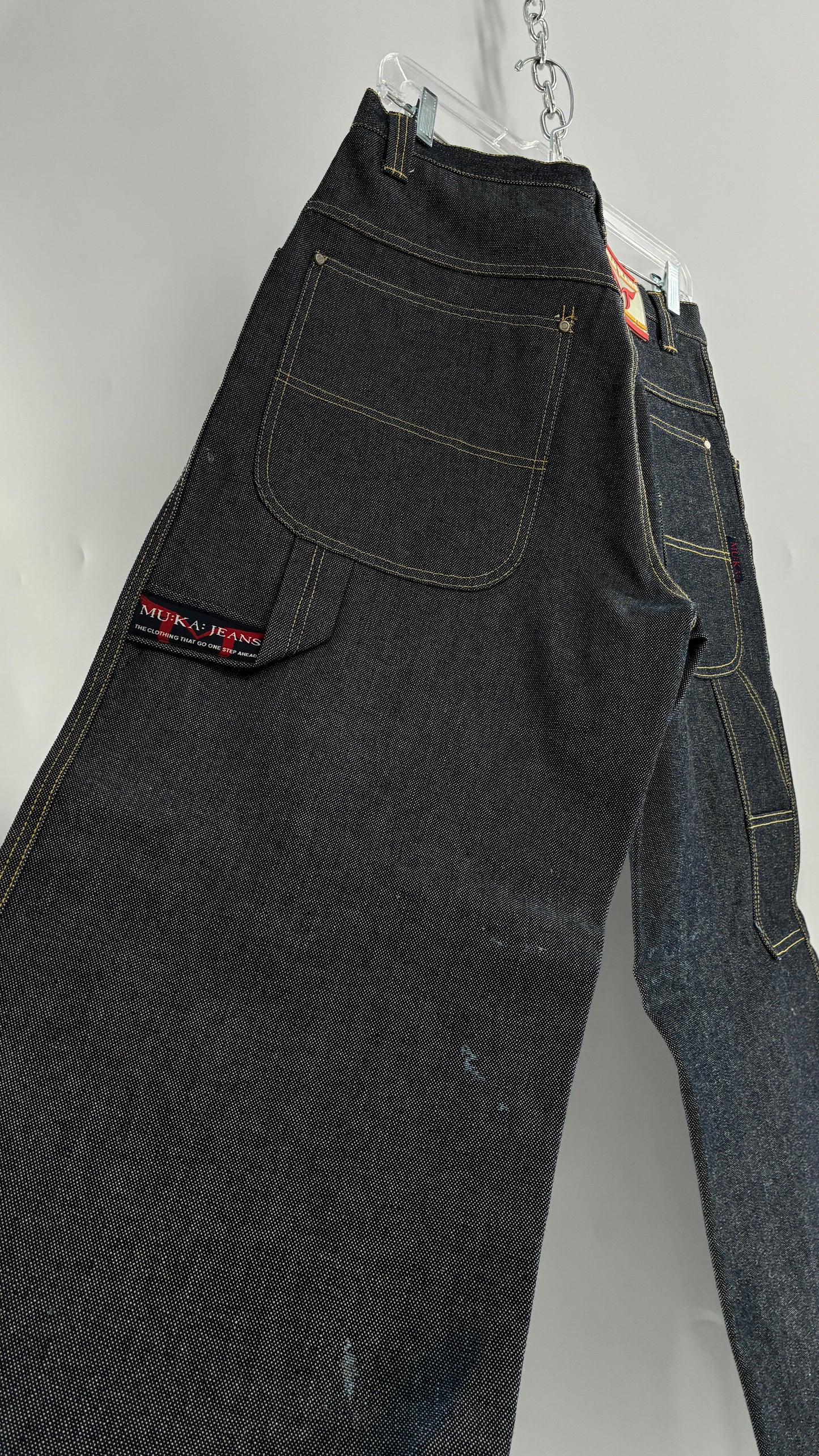 Vintage 1990s MU:KA: JEANS Men’s Dark Wash Japanese Style Denim Baggy Straight Legs and Oversized Jacket Set (L, 32x32)