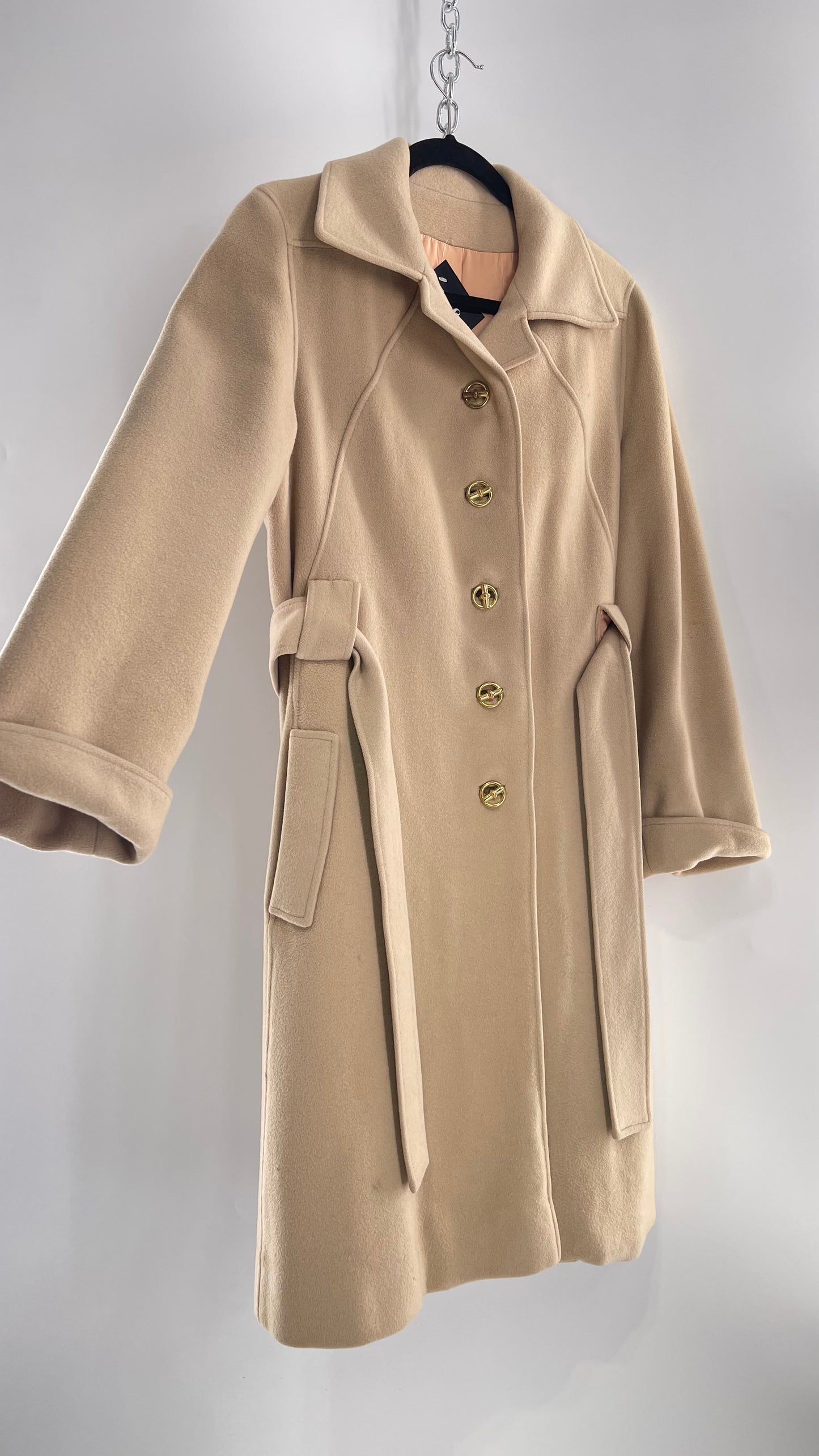 Vintage 100% Amicale Cashmere Beige Cream Coat with Apricot Satin Lining (C) (S/M)