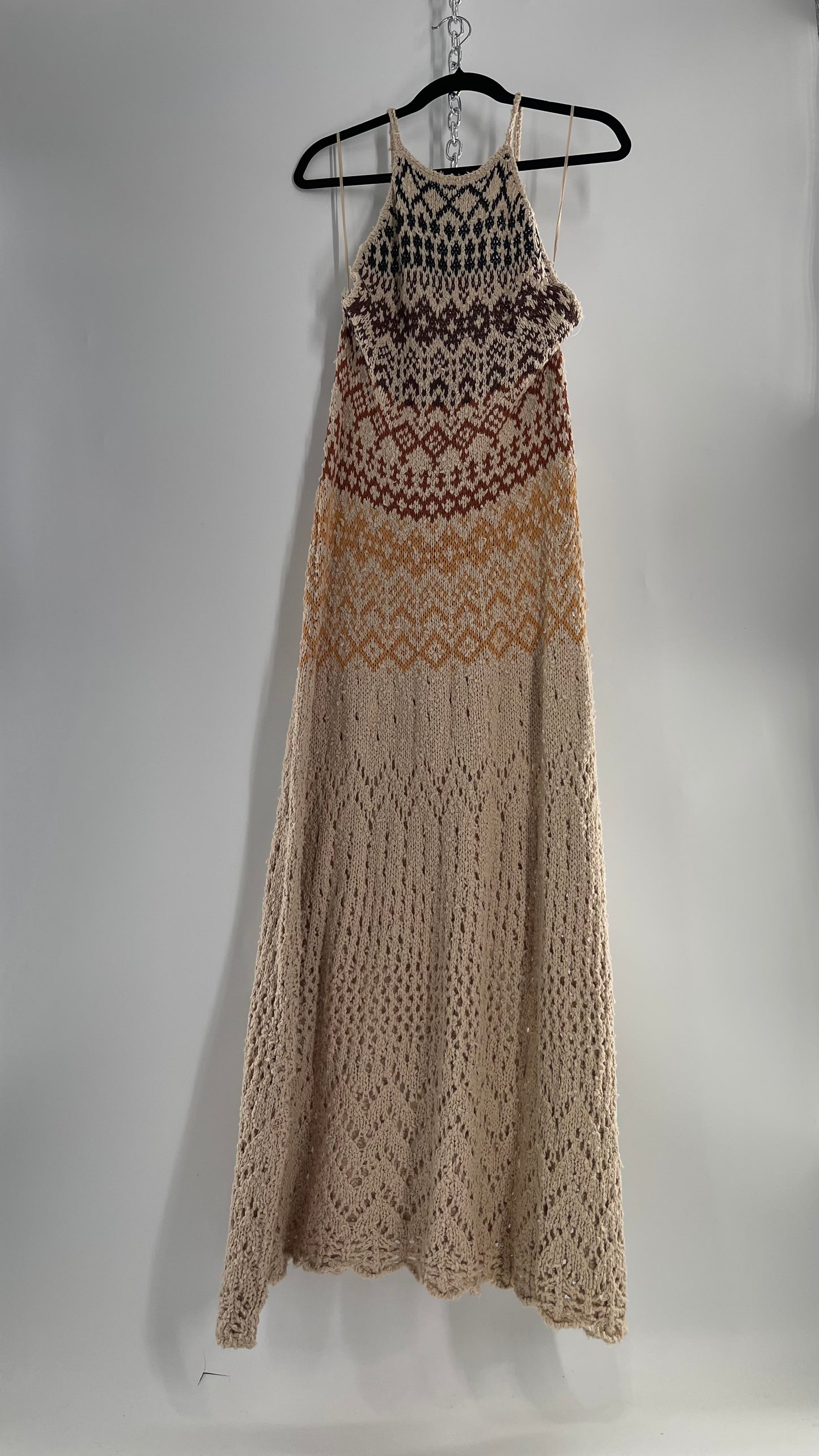 Free People Beige Ikat Oasis Knit Halter Maxi Dress (Small)