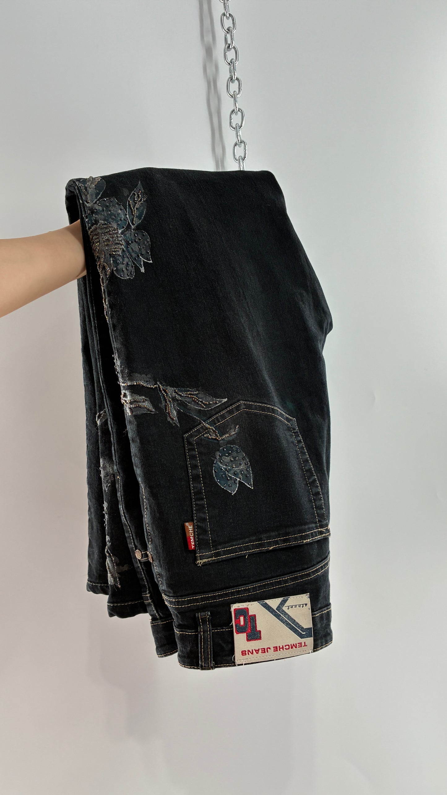 Vintage TEMCHE JEANS Dark Wash Jeans with Painted, Beaded Florals