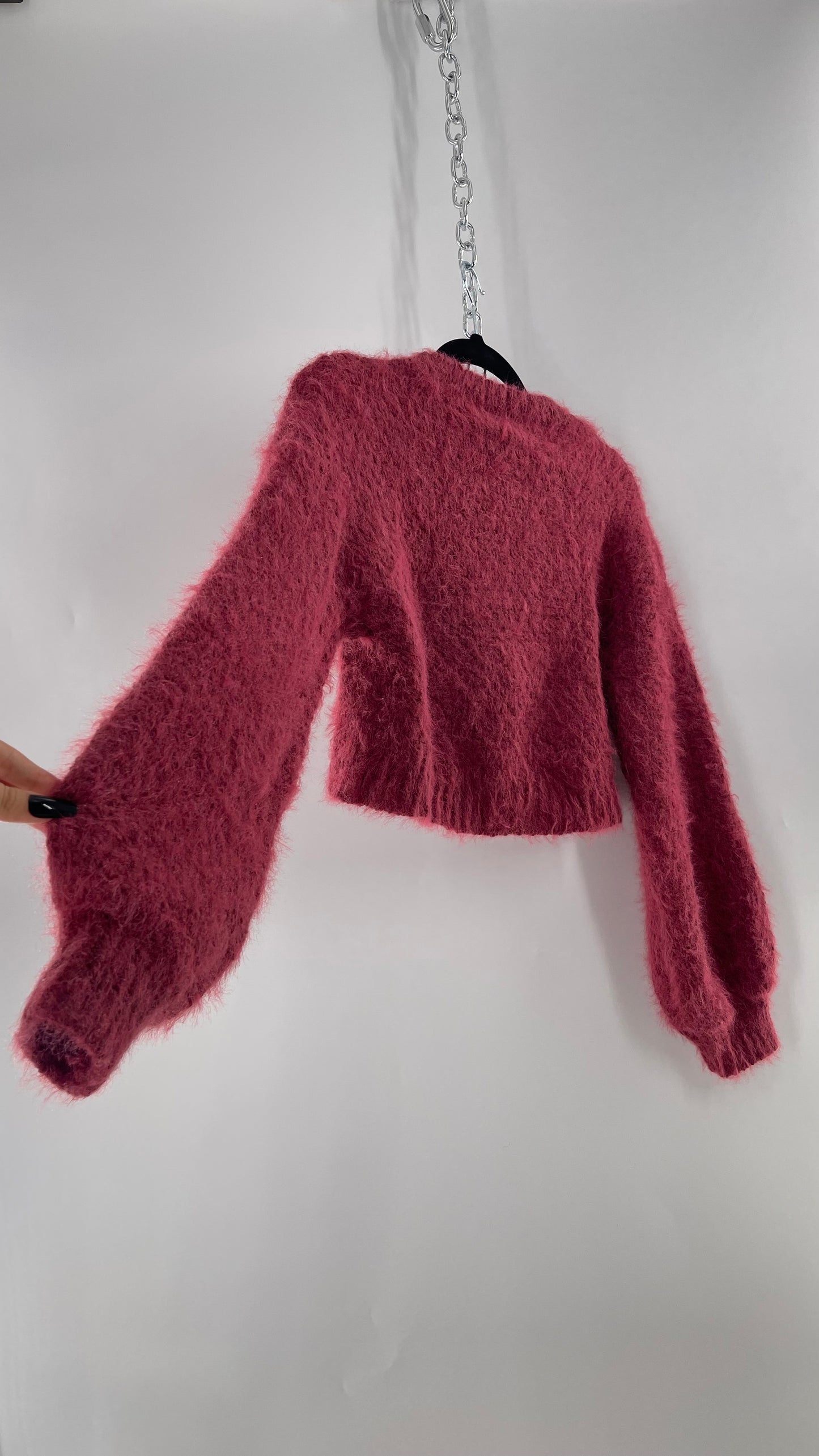 Urban Outfitters Mauve Pink Fuzzy Cropped Sweater with Bubble Sleeves (XS)