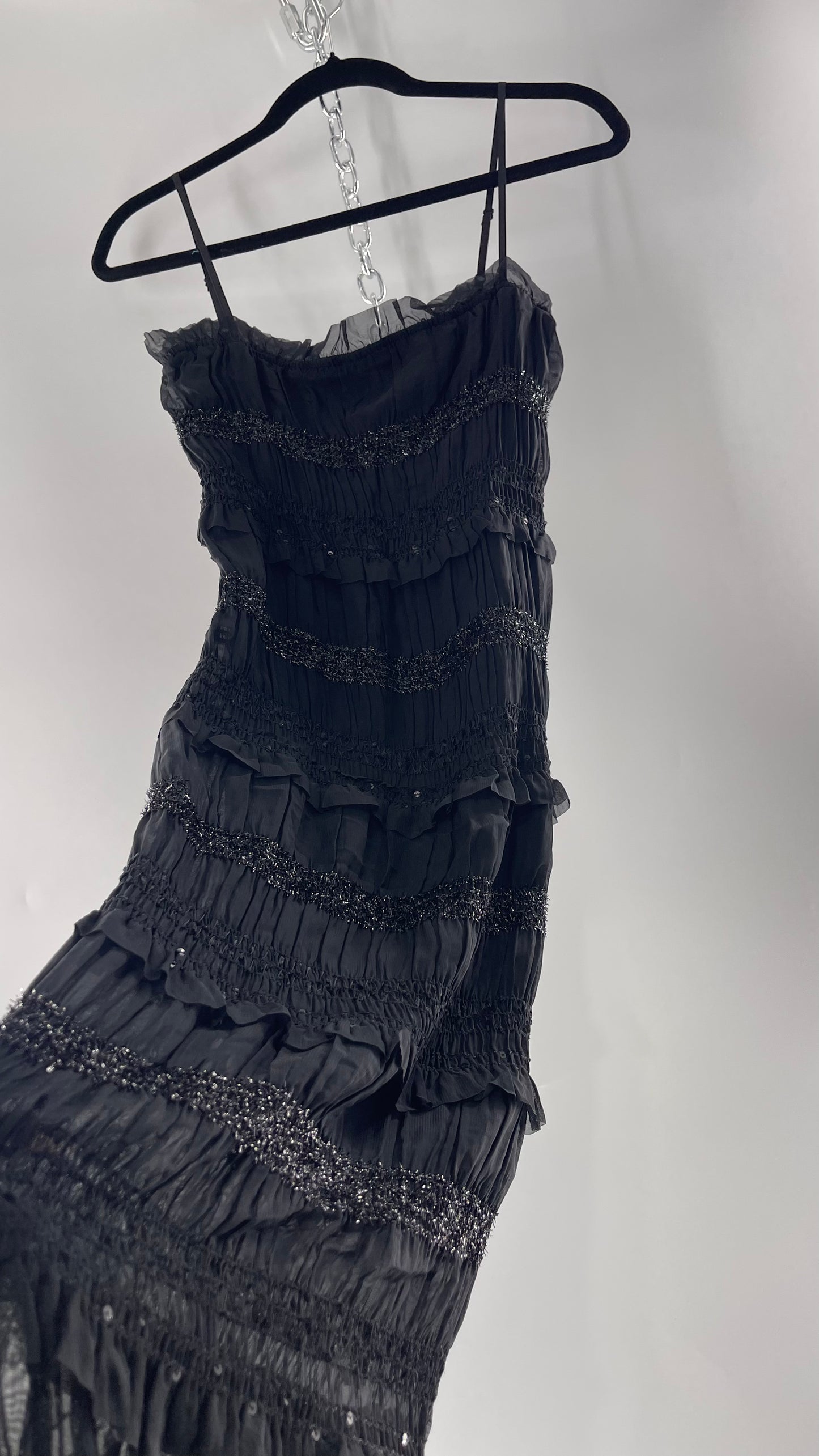 The Commense Black Sheer Crimped Midi Dress with Stripes of Tinsel and Ruffle with Tags Attached (Medium)