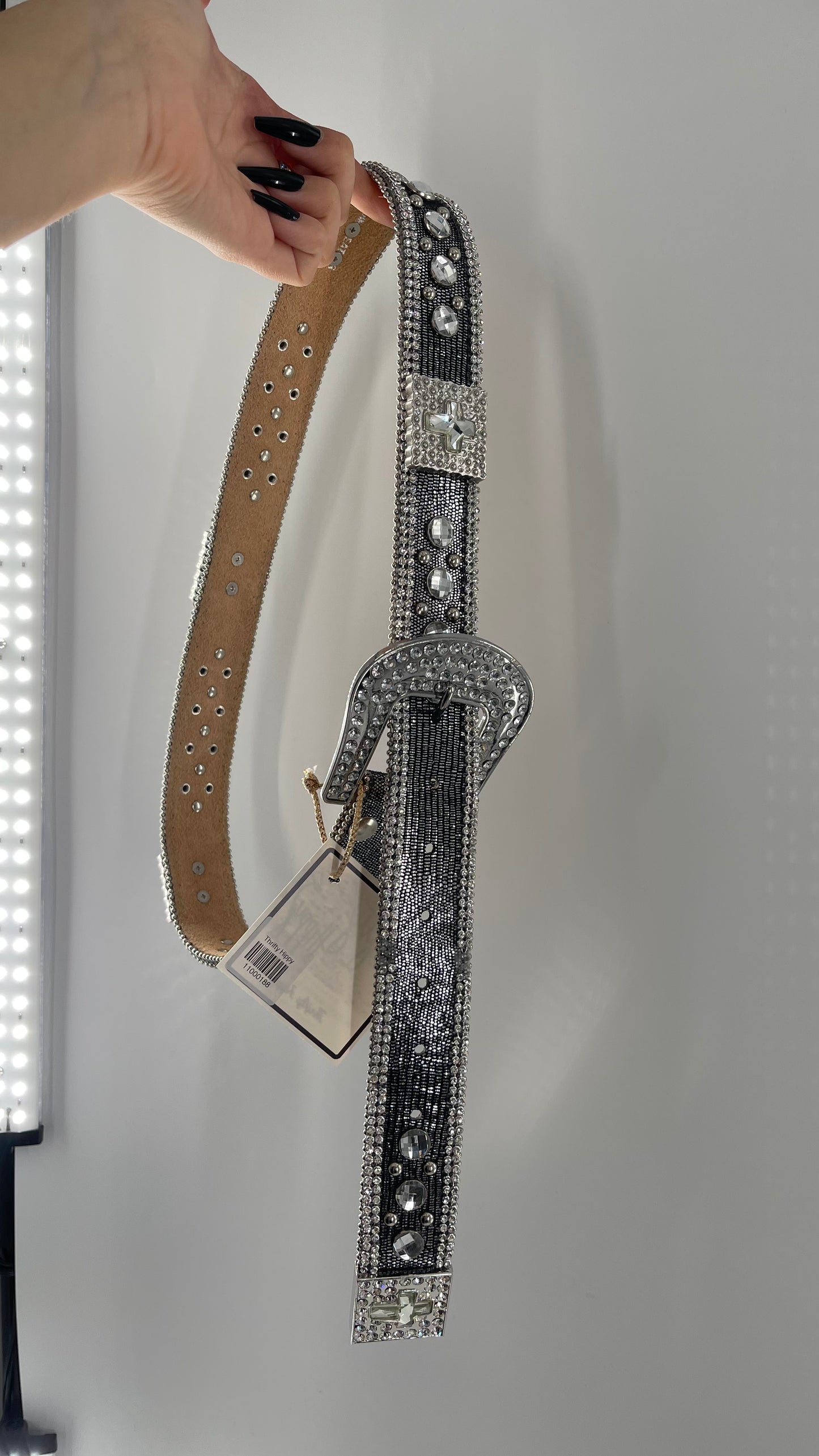 Free People Dark Silver Metallic Snake Print Belt covered in Crystal Embellishments and Heavy Metal Crosses (M)