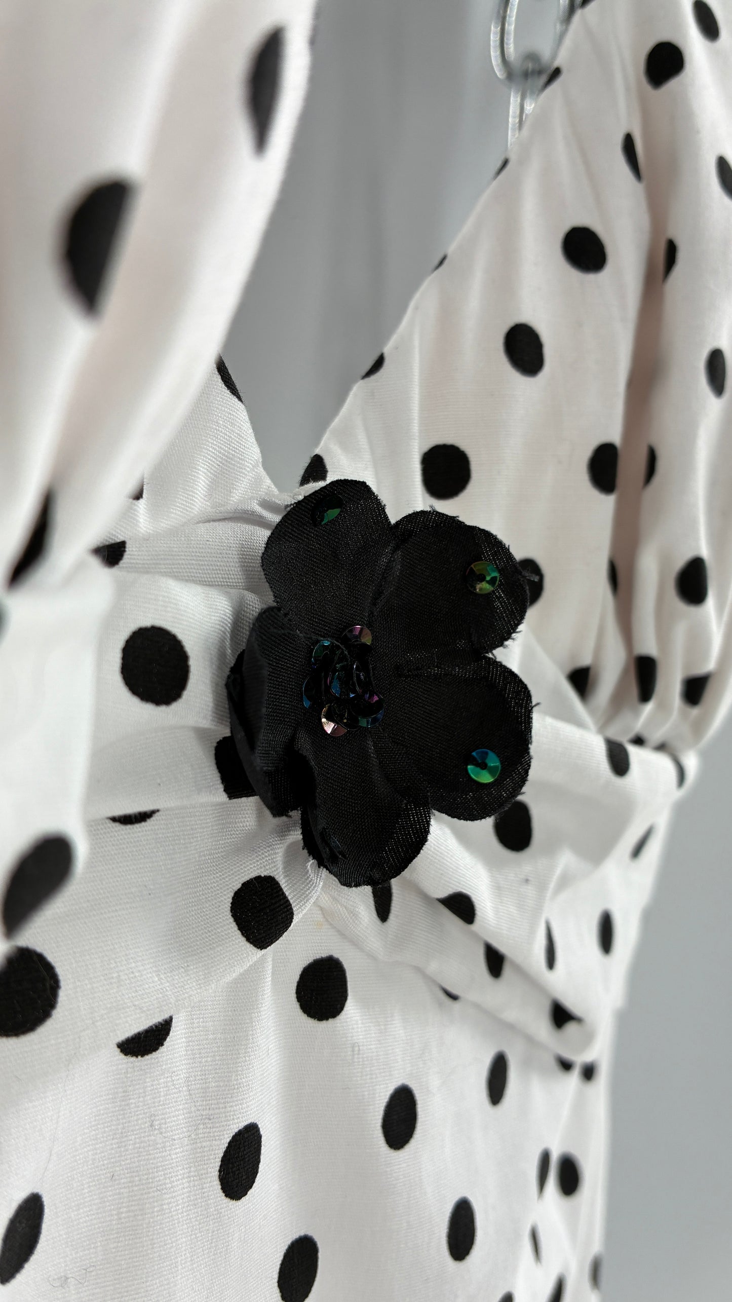 Deadstock Vintage Ruby Rox Retro Style White and Black Polka Dotted Mini Dress with Tulle Trim (7)