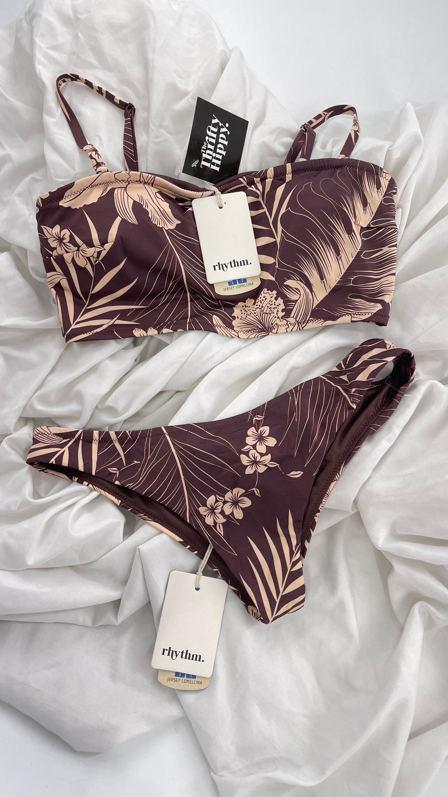 RHYTHM Brown and Beige Tropical Palm Patterned Swim Set with Tags Attached (Medium)