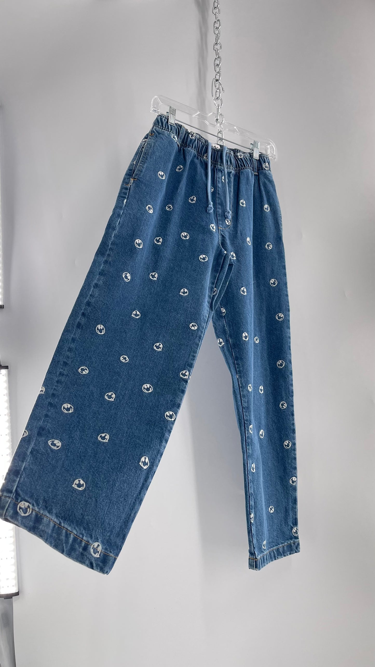 BDG Smiley Face Embroidered Baggy Wide Leg Medium Wash Jeans (Small)
