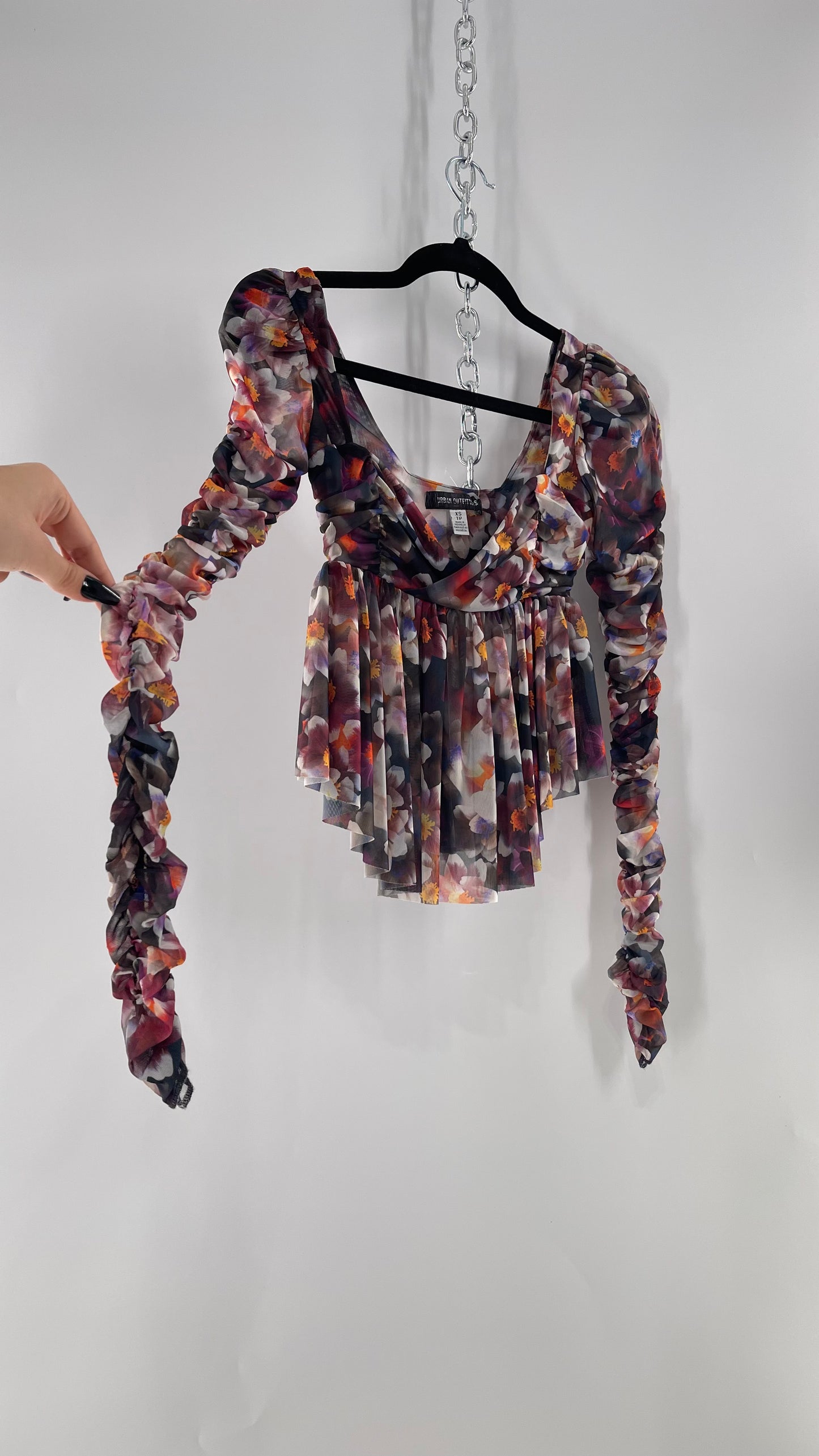 Urban Outfitters Psychedelic Floral Mesh Cropped Blouse with Ruched Sleeves and Pleated Hem (XS)