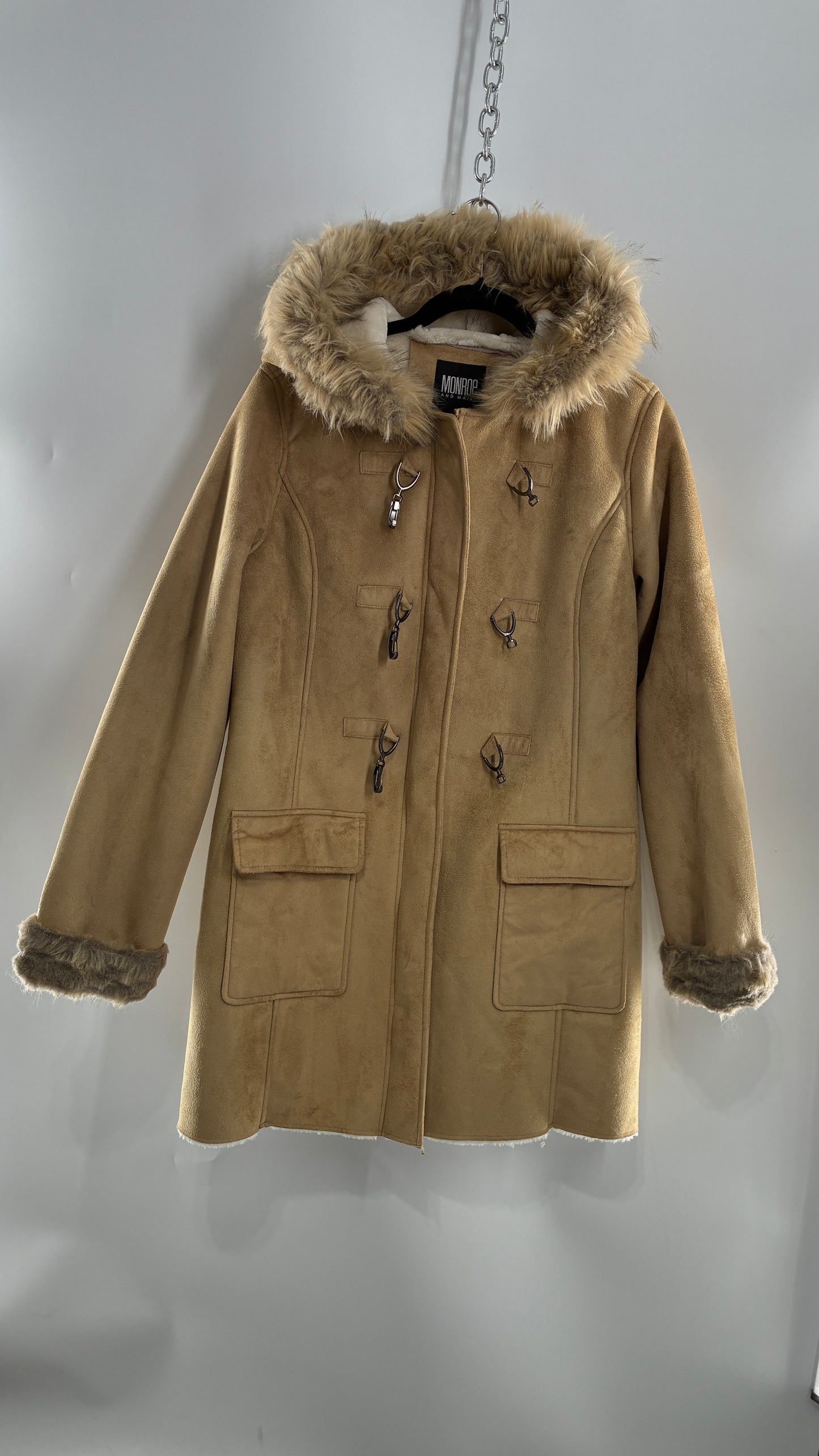 Deadstock Vintage MONROE AND MAIN Vegan Suede Coat with Fur Cuffs and Hood, Tags Attached (Medium)