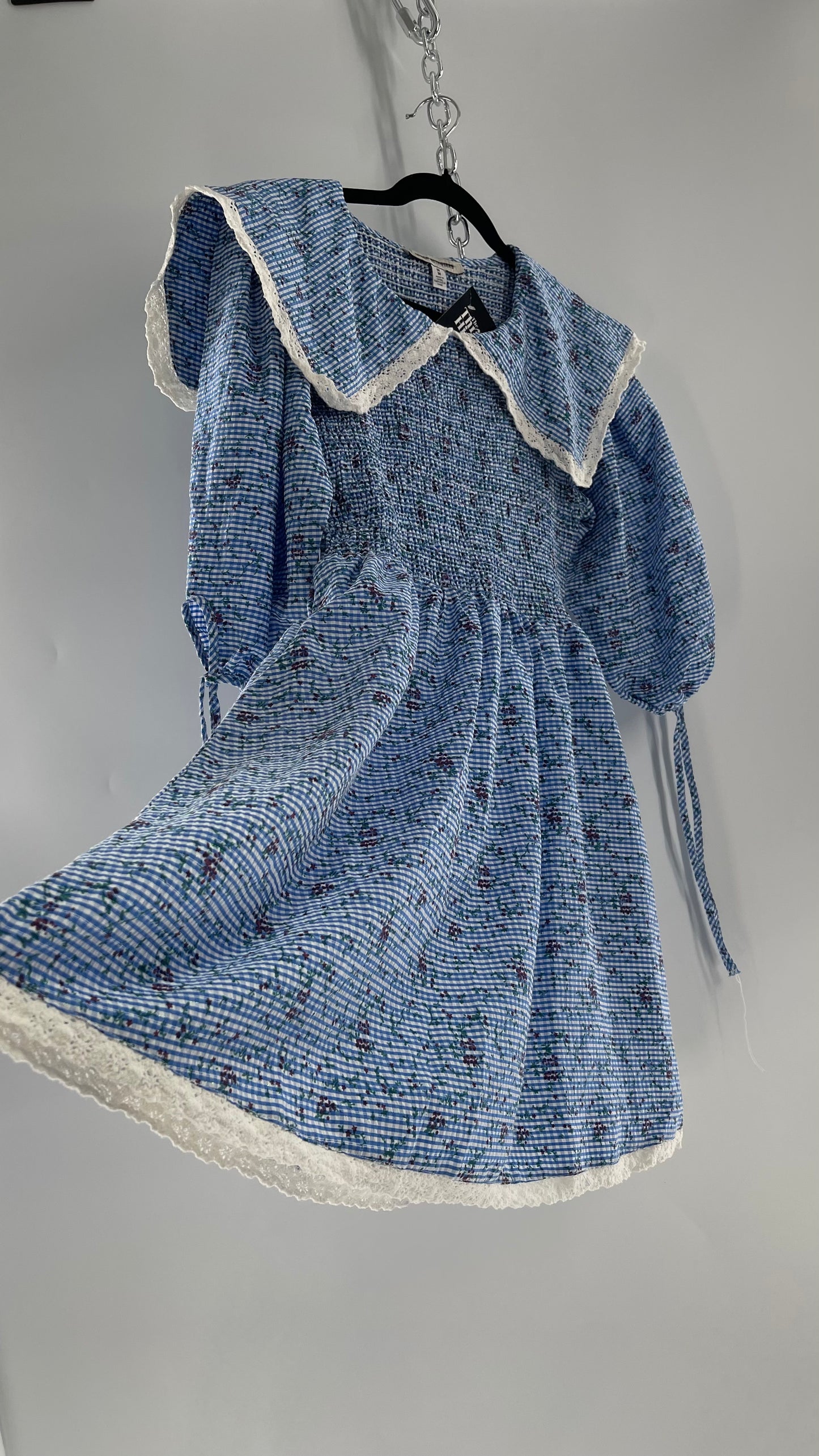 Urban Outfitters Blue Gingham Babydoll Dress with Lace Trim Collar and Smocked Bodice (Medium)