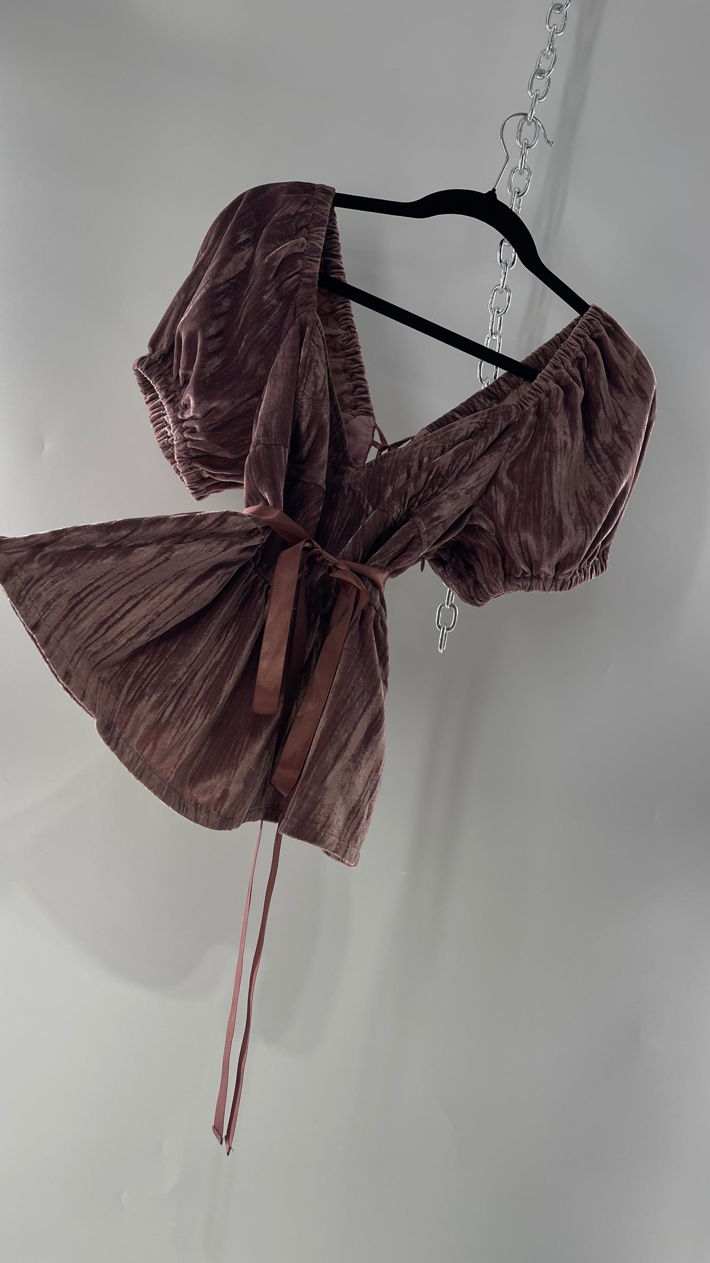 Porridge Dusty Purple Velvet Puff Sleeve Corset-esque Tie Up Back Peplum Blouse with Bust Stitching (Medium)