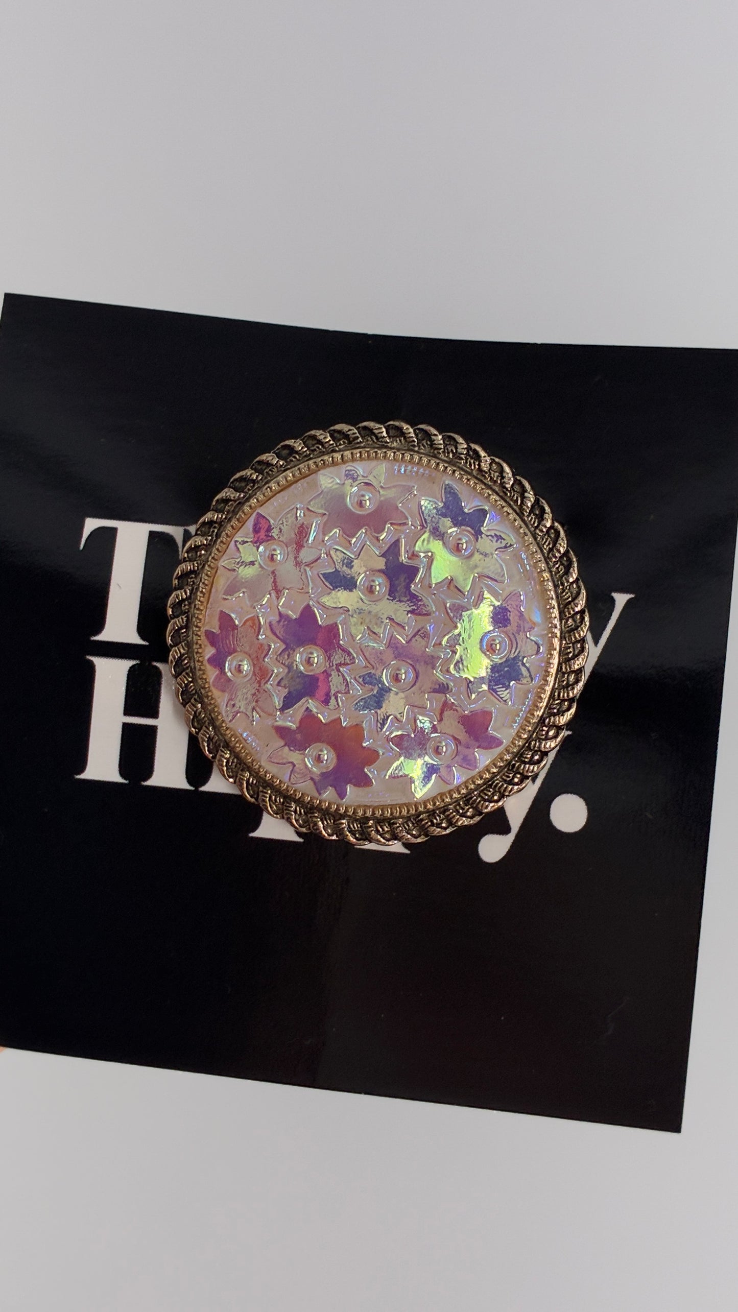 Vintage Scarf Ring Loop with Gold Metal Border and Iridescent Flowers