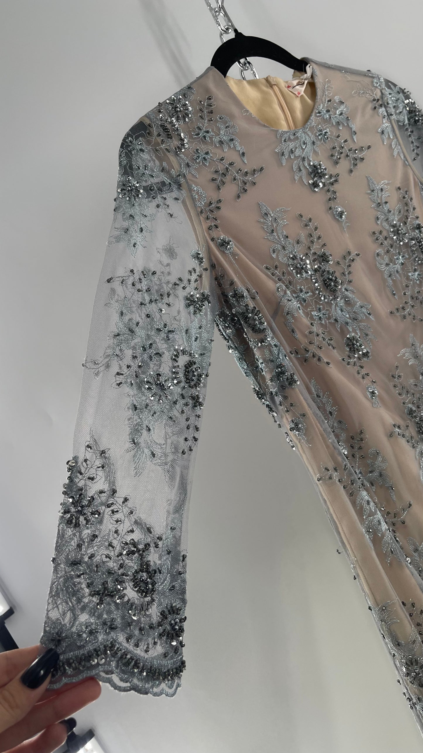 Koravilas Anthropologie Grey Mesh Embroidered Lace Long Sleeve Beaded Dress (4)