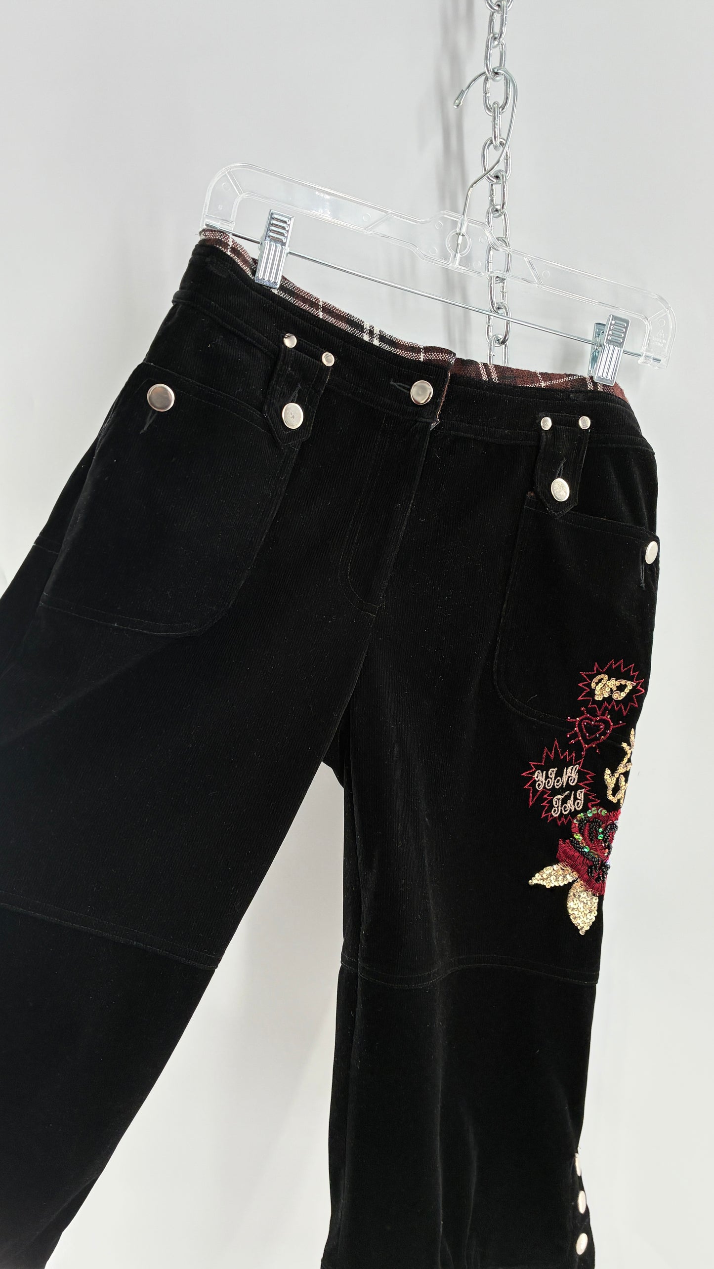 Vintage Black Corduroy Capris with Full Thigh Embroidery, Silver Buttons, and Woven Plaid Waistline (30)