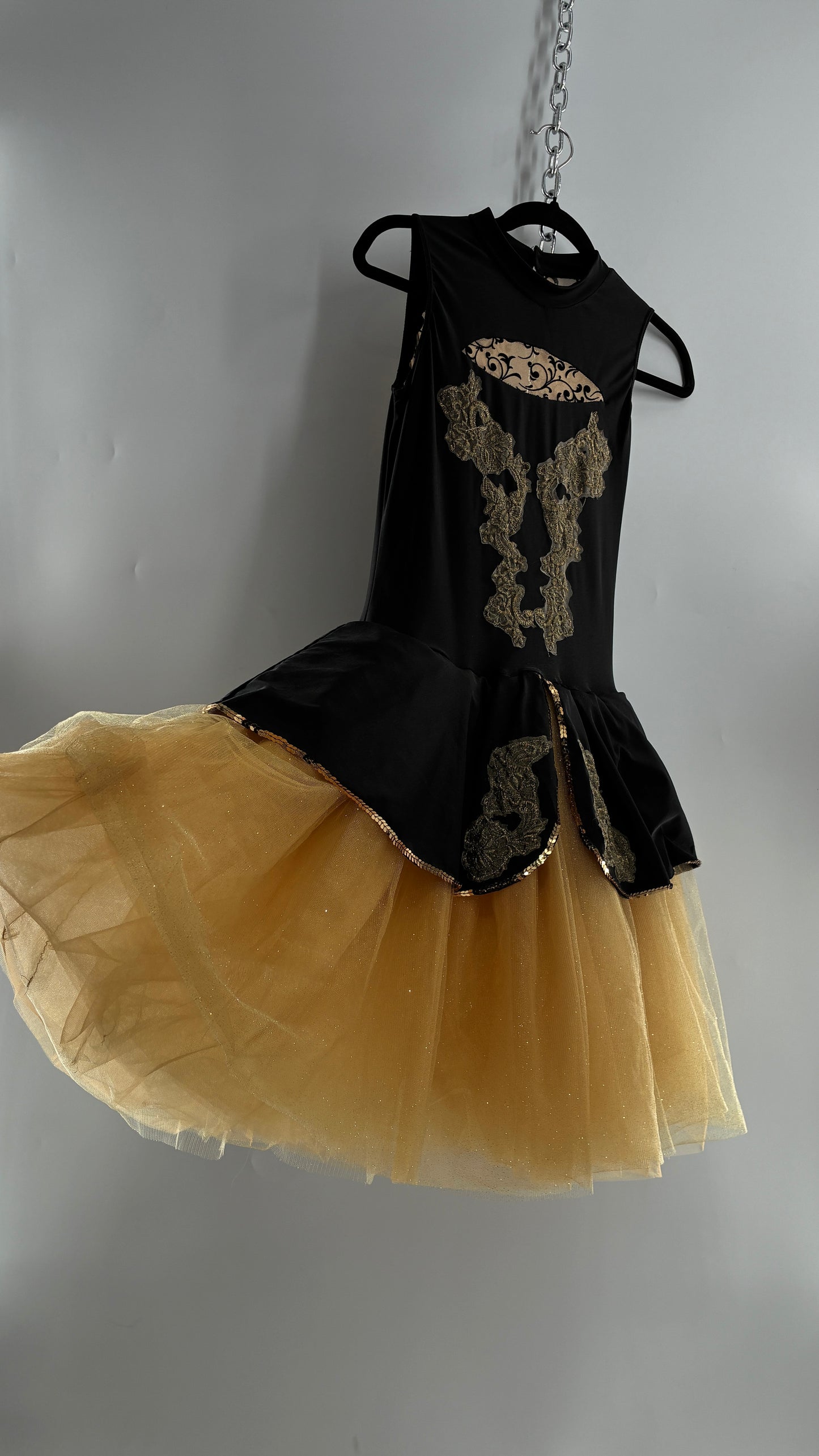 Costume Dancewear Mini Dress with Full Tulle Skirt, and Lace Appliqués (Medium Adult)