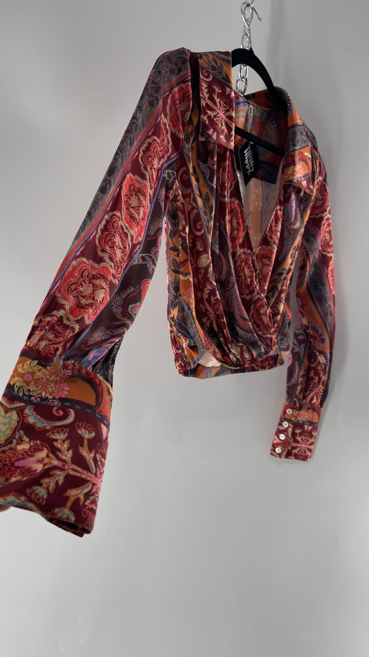 Free People Paisley Patterned Warm Toned Cross Front Collared Cropped Blouse with Buttoned Cuffs  (XS)