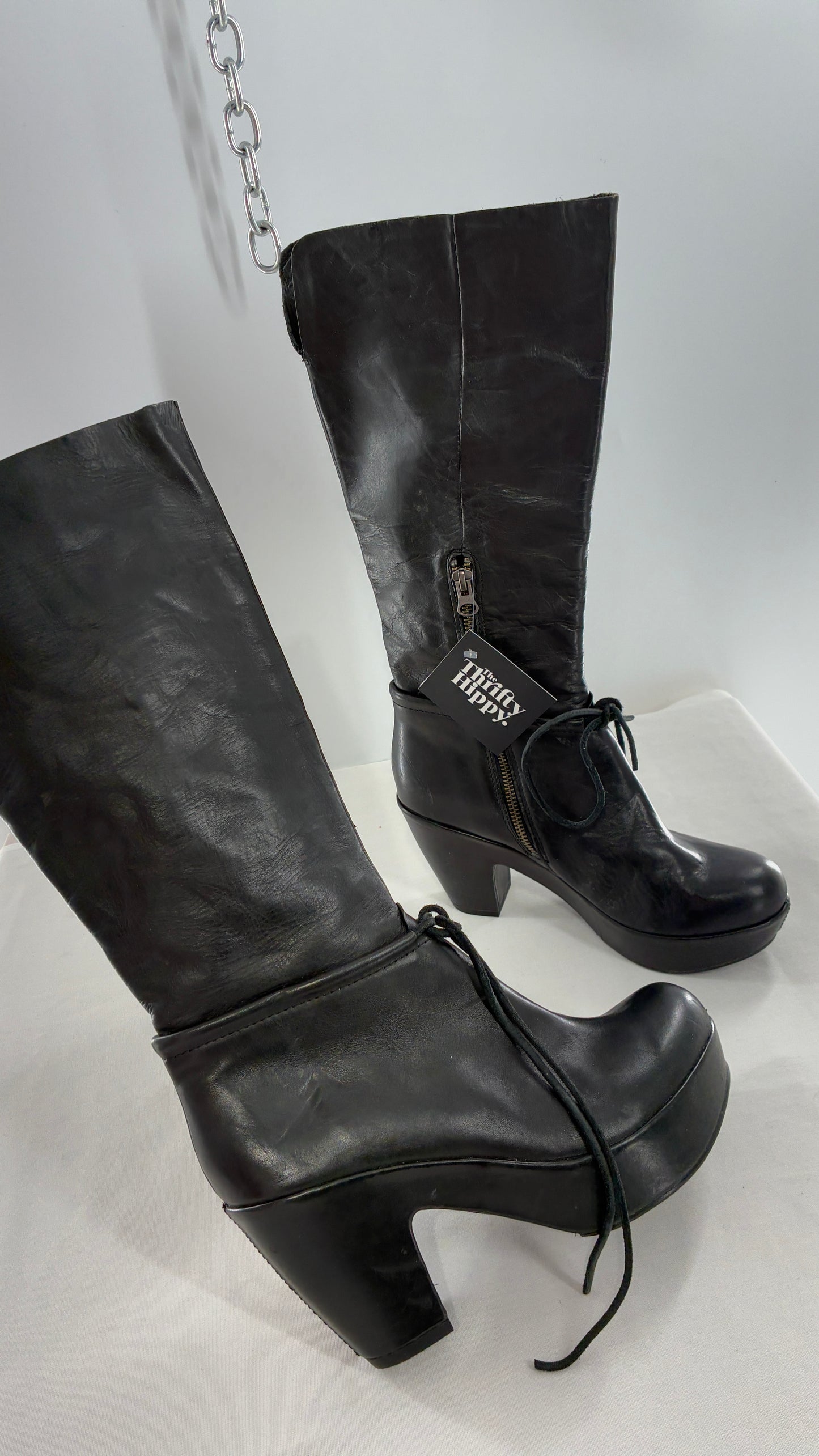Vintage KORK EASE Black Genuine Leather Platform Clog, Knee High Boots (8/39)