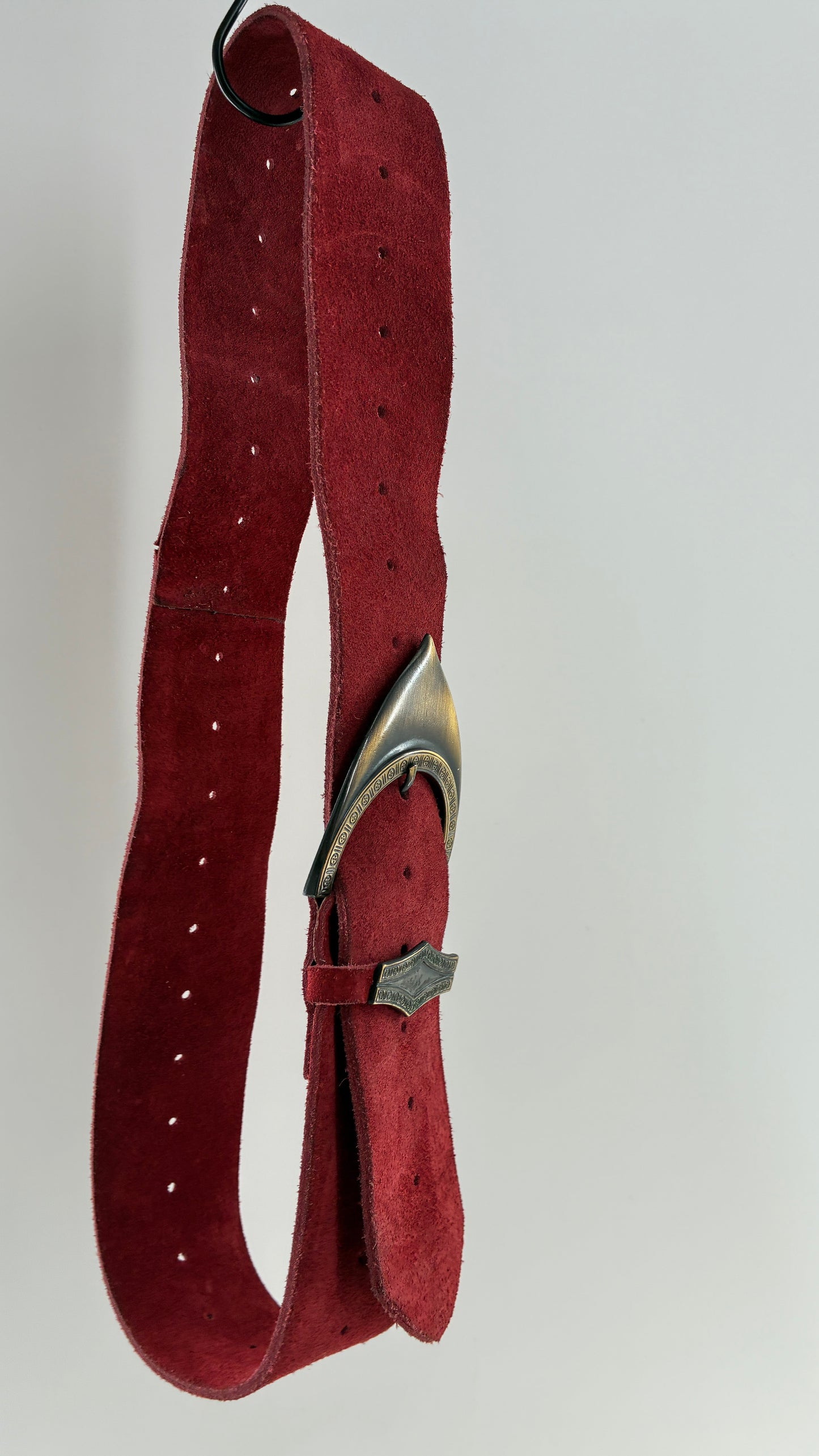 Genuine Suede Leather Maroon Red Belt w Oversized Engraved Buckle