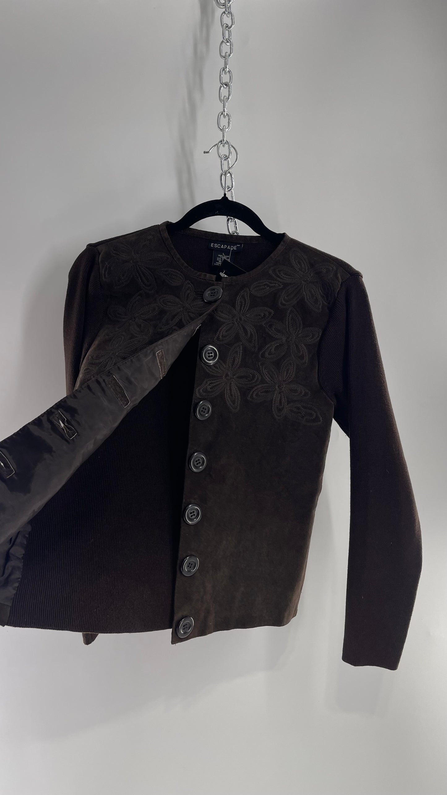 ESCAPADE Vintage 1990s Dark Brown Suede Vest with Knit Sleeves and Embroidered Flowers (Large)