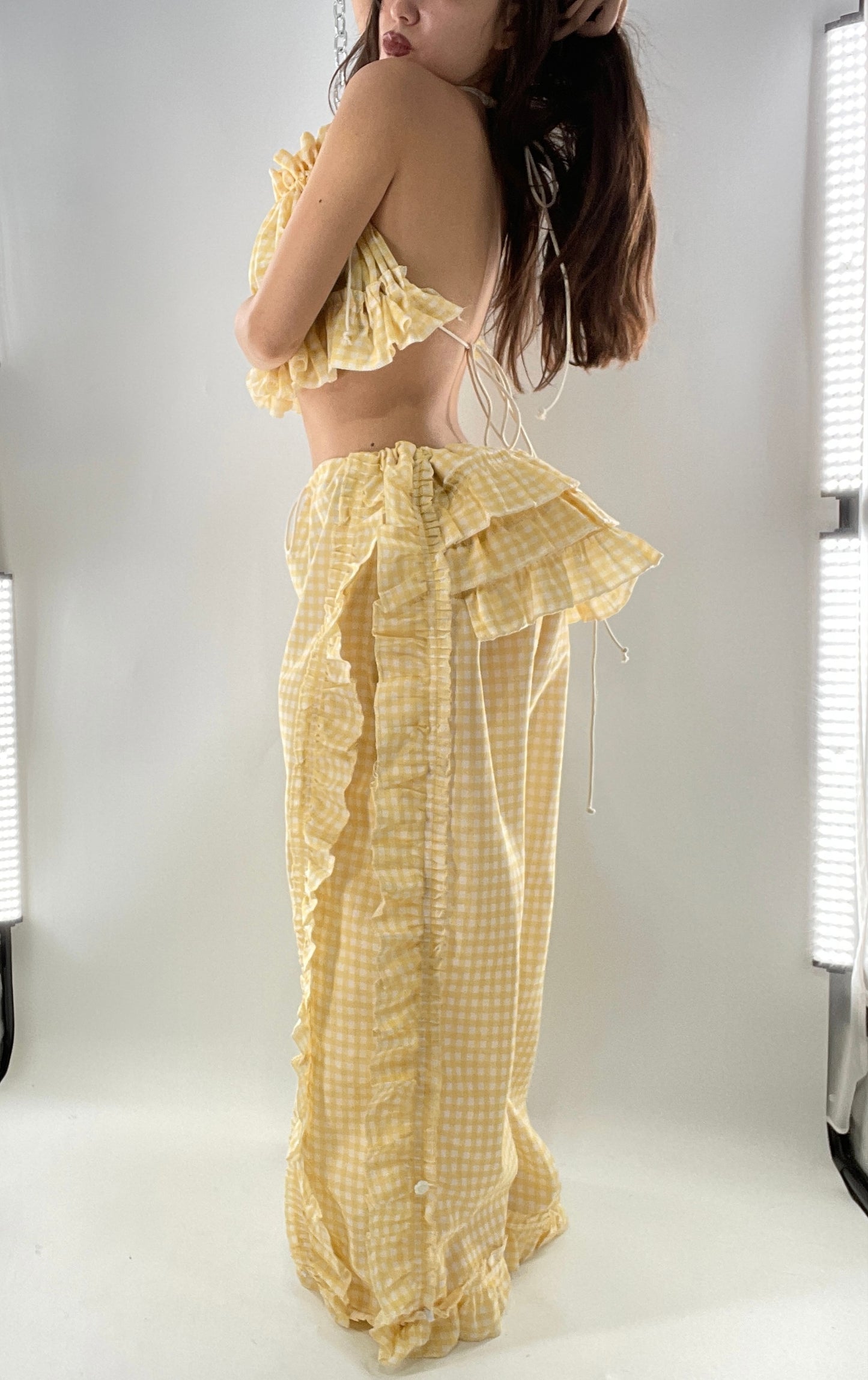 Vintage 2 Piece Yellow Checkered/Gingham Patterned Picnic Set with Ruched Bust Top and Ruffle Side Wide Legs with Adjustable Length, Strap Up Buttons on Hem (One Size)