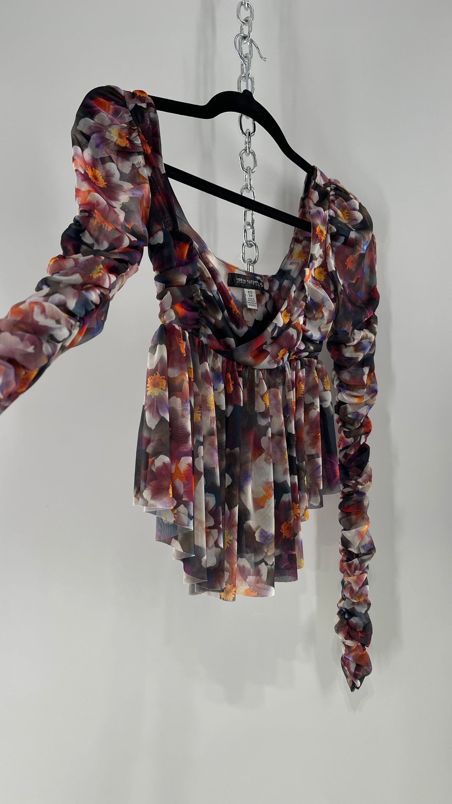 Urban Outfitters Psychedelic Floral Mesh Cropped Blouse with Ruched Sleeves and Pleated Hem (XS)