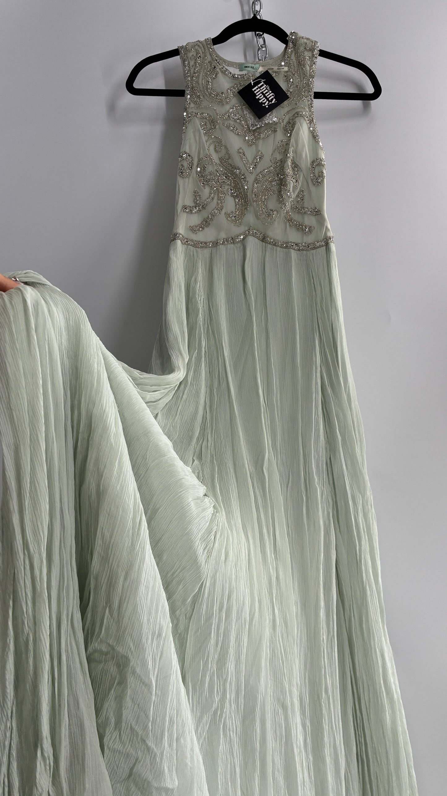 KIMCHI BLUE Light Greyish Seafoam Green Crimped Gown with Beaded Bodice and Sheer Back (2)