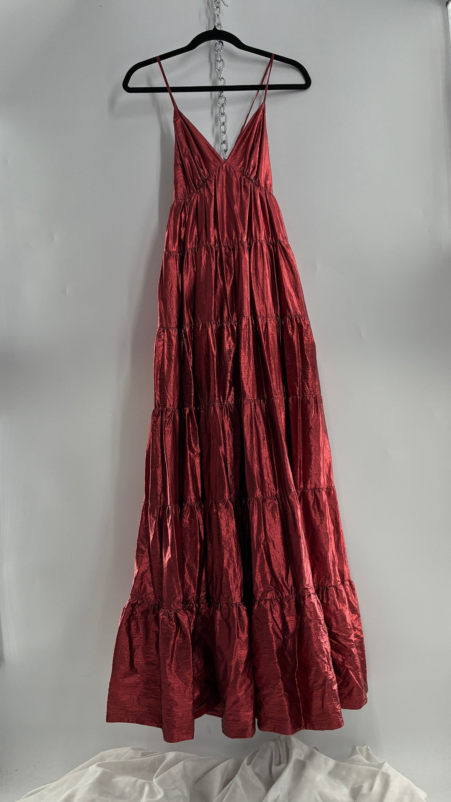 HUTCH Red Metallic Tiered Voluminous Maxi Gown (XS)
