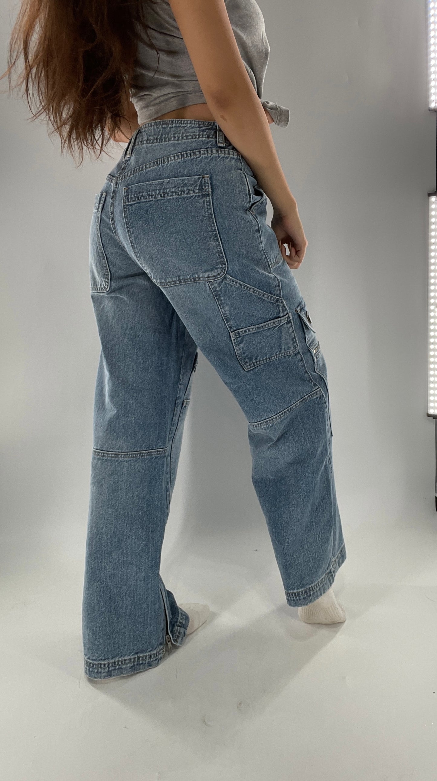 Free People Wide Leg Cargo Jeans Covered in Pockets, Zippers and stitching (27)