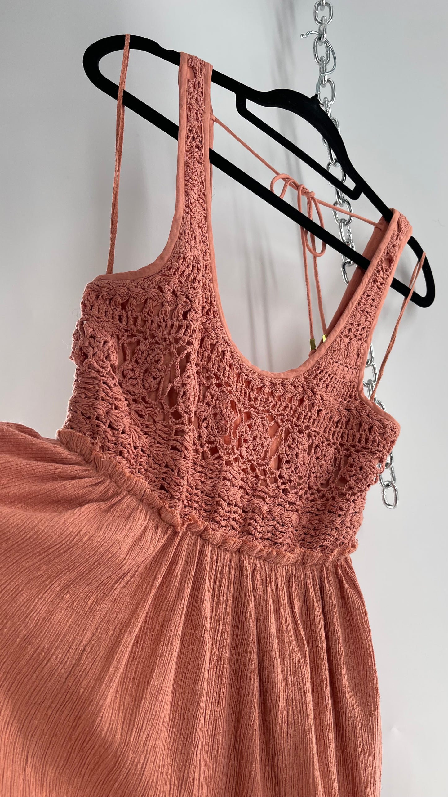 Free People Rose/Peach Pink Wide Leg Jumpsuit with Crochet Bust and Tags Attached (XS)