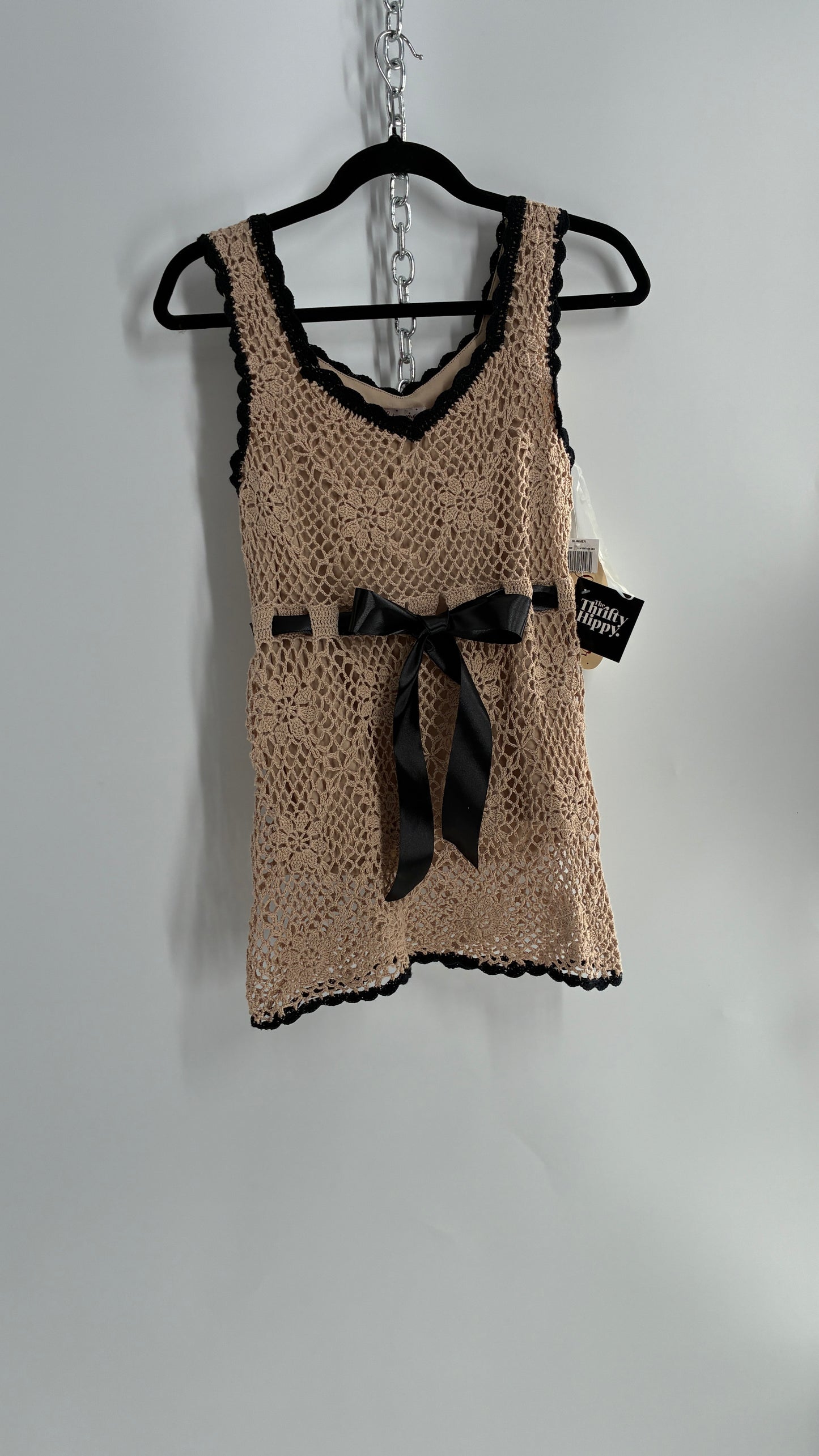 Deadstock Vintage GLIMMER Crochet Black Trim Long Tank with Black Satin Ribbon (Large)