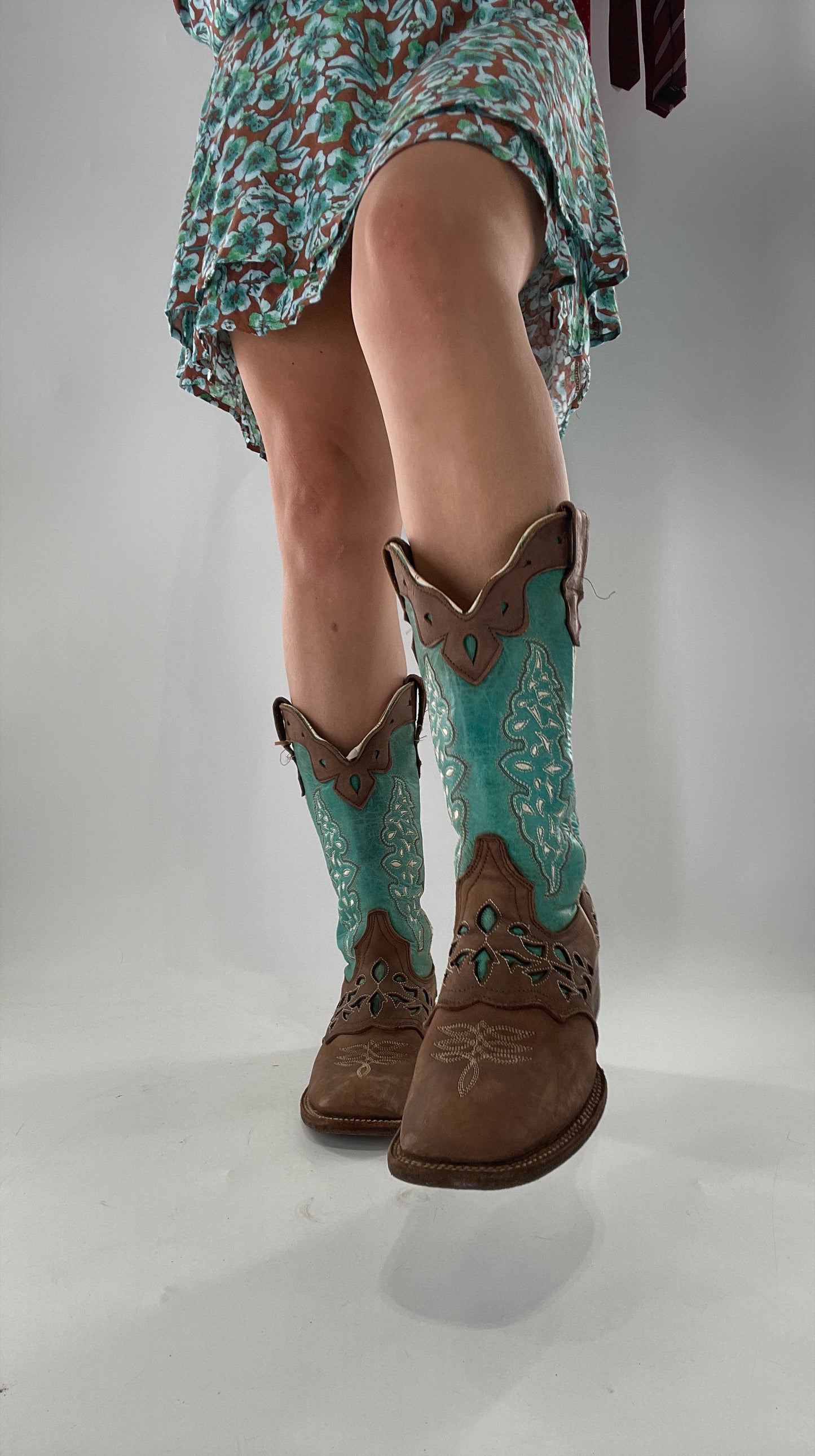 Porto Rebelde Turquoise Blue and Brown Leather Lazer Cut Embroidered Boots (6.5)
