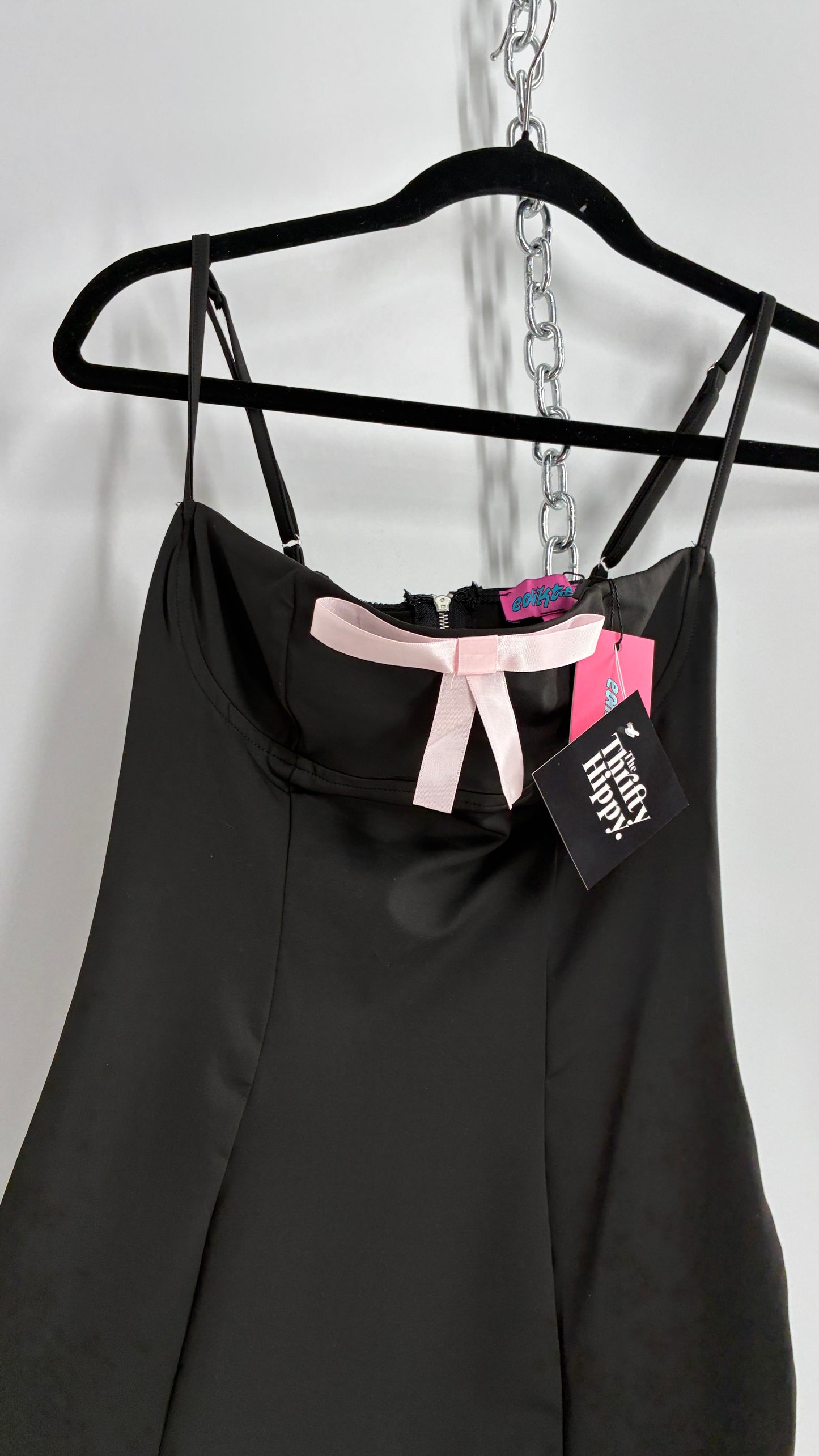 Edikted Black Satin Underbust Panel Mini Dress with Baby Pink Bow and Tags Attached (XS)
