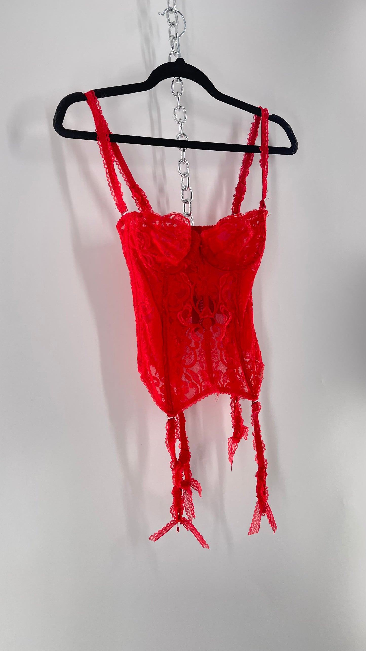 90s Vintage Red Lace Corset with Ruffled Sleeves and Removable Garter Straps (32B)