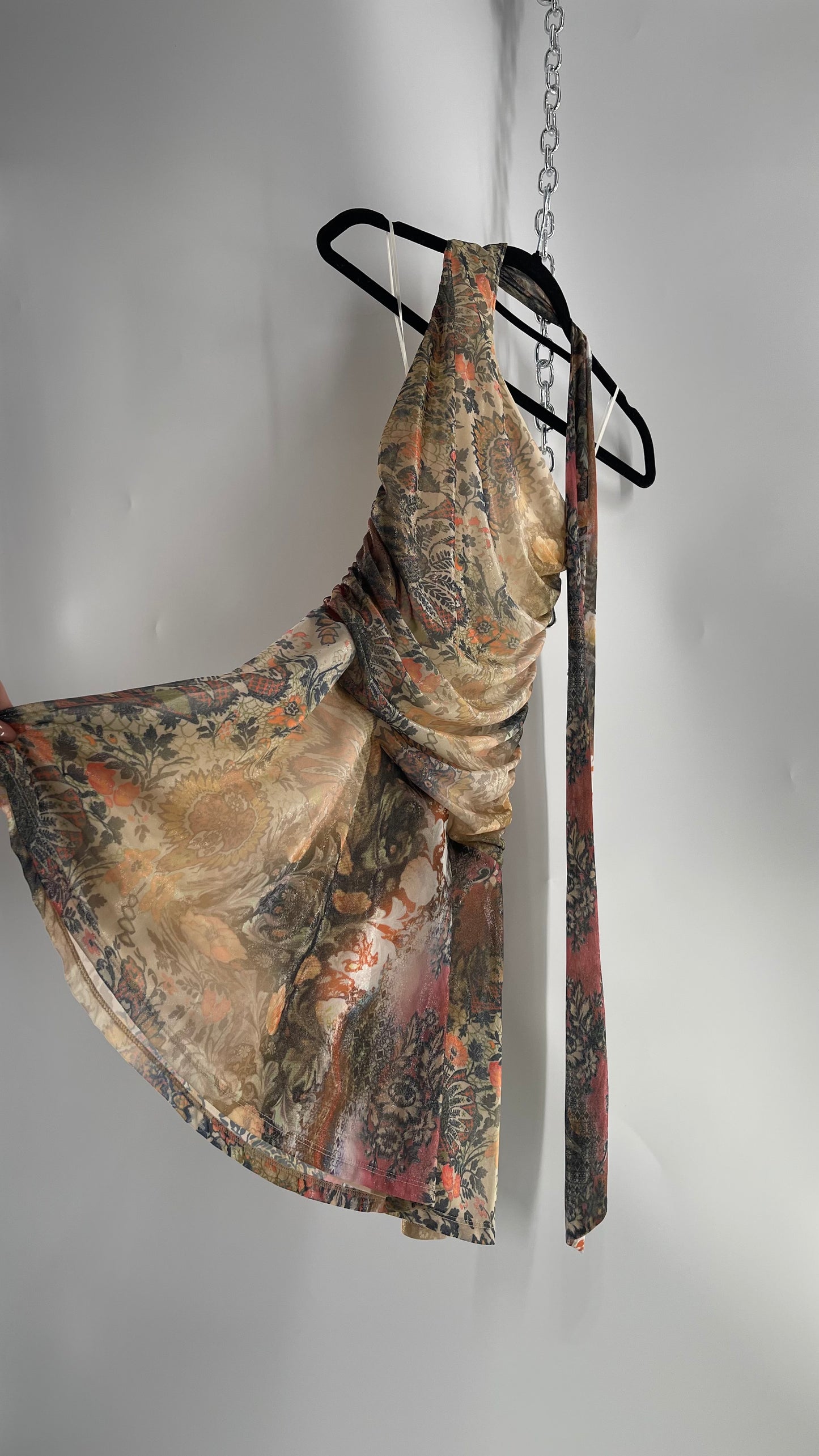 Urban Outfitters All Over 90s Tattoo Graphic Neck Tie Mini Dress with Asymmetric Hem (Medium)