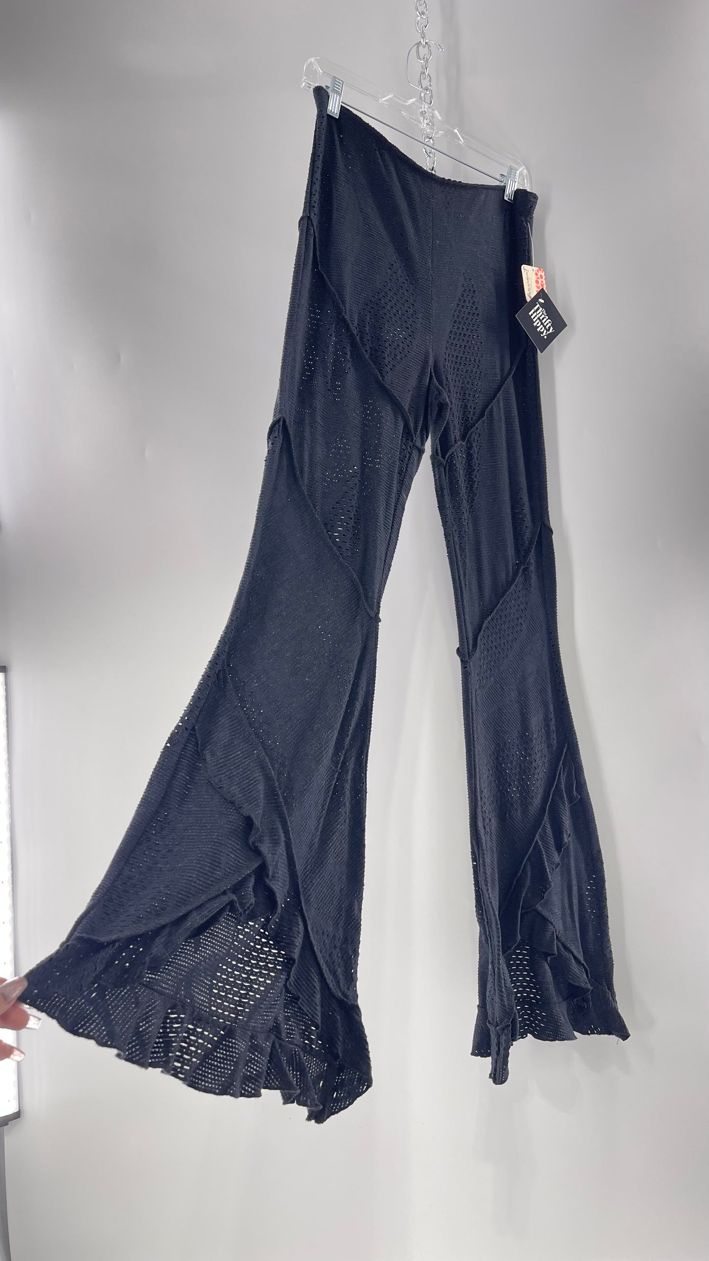 Free People Black Midnight Grey Mixed Pattern Kickflares with High Low Hem, Exposed Seams and Distressing Tags Attached (Medium)