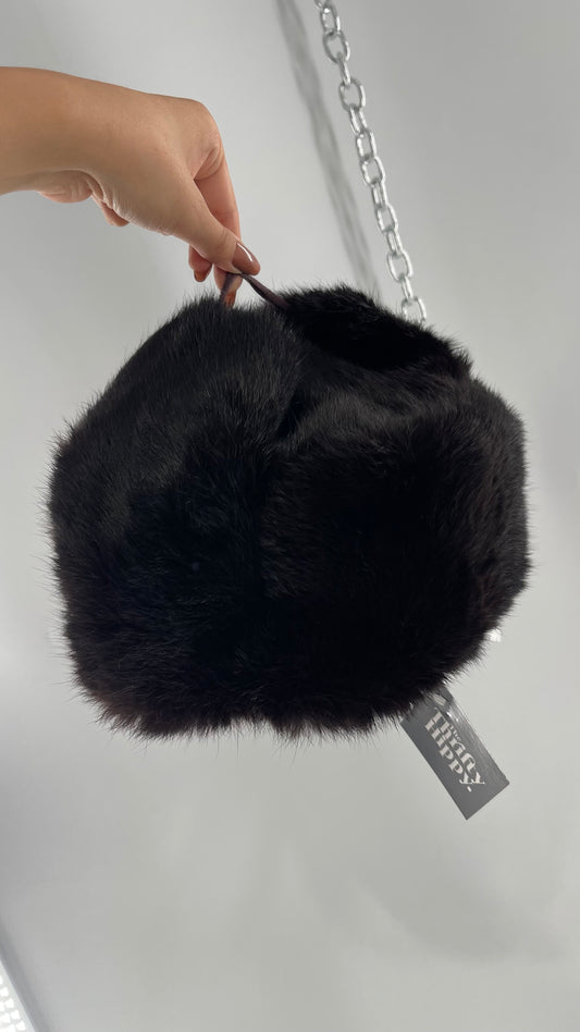 Vintage Russian Black Genuine Rabbit Fur Roller Hat with Pull Down Ear Muff Flaps