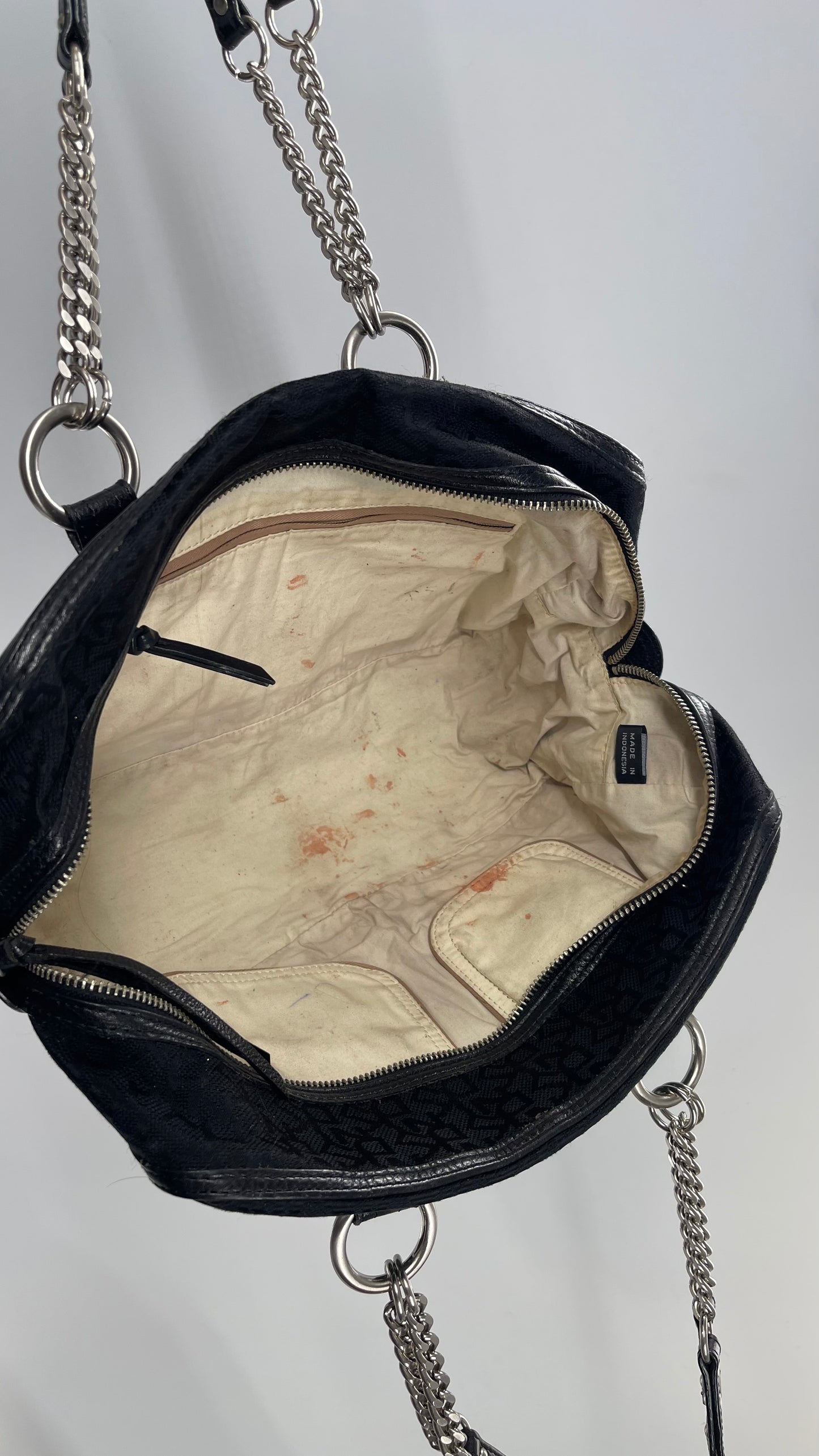 Vintage DKNY 1990s Black All Over Logo Bag with Leather and Chain Details