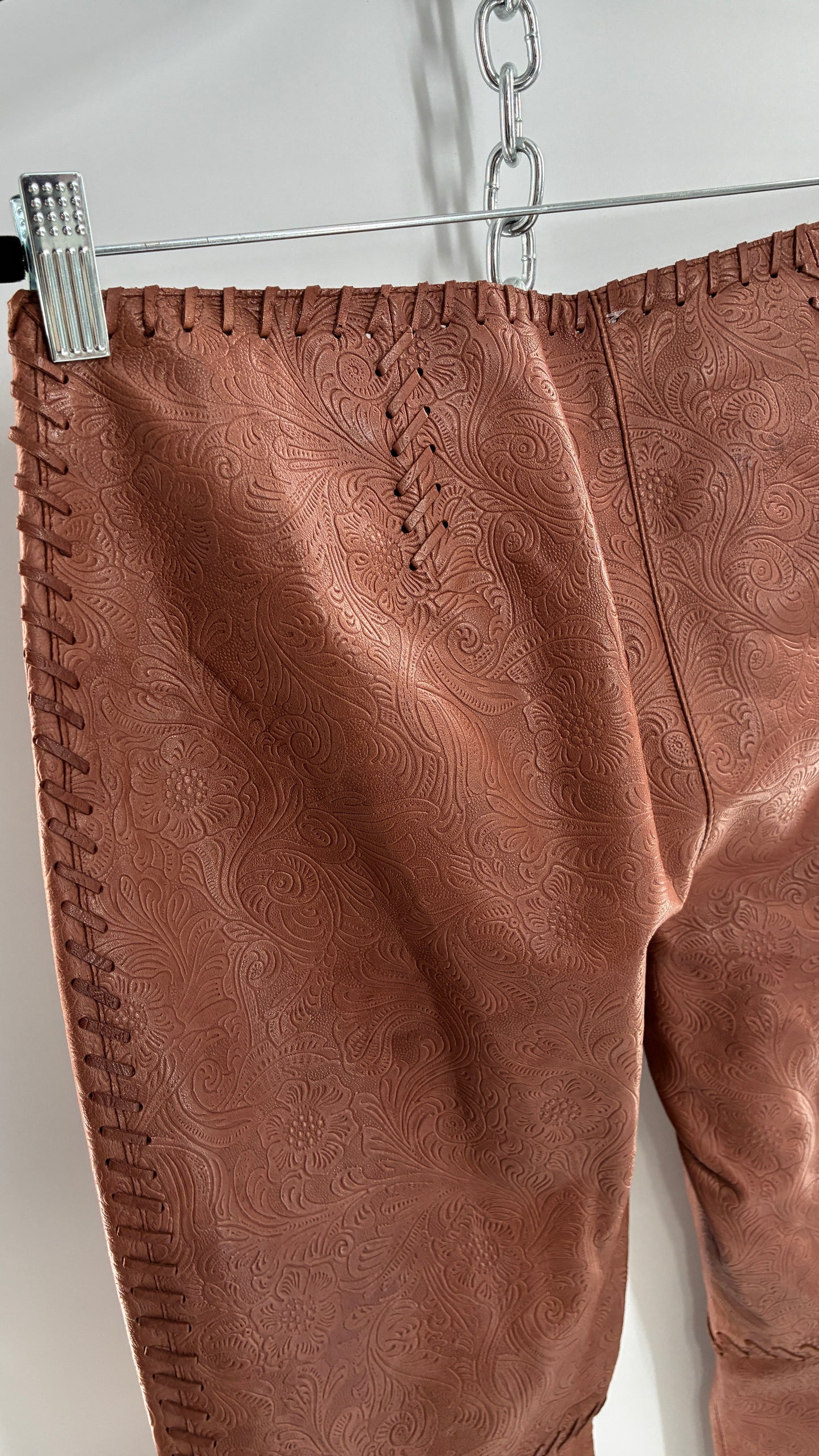 Vintage Embossed Paisley Patterned Genuine Leather Pants with Stitching Details (No Label Unbranded, S)