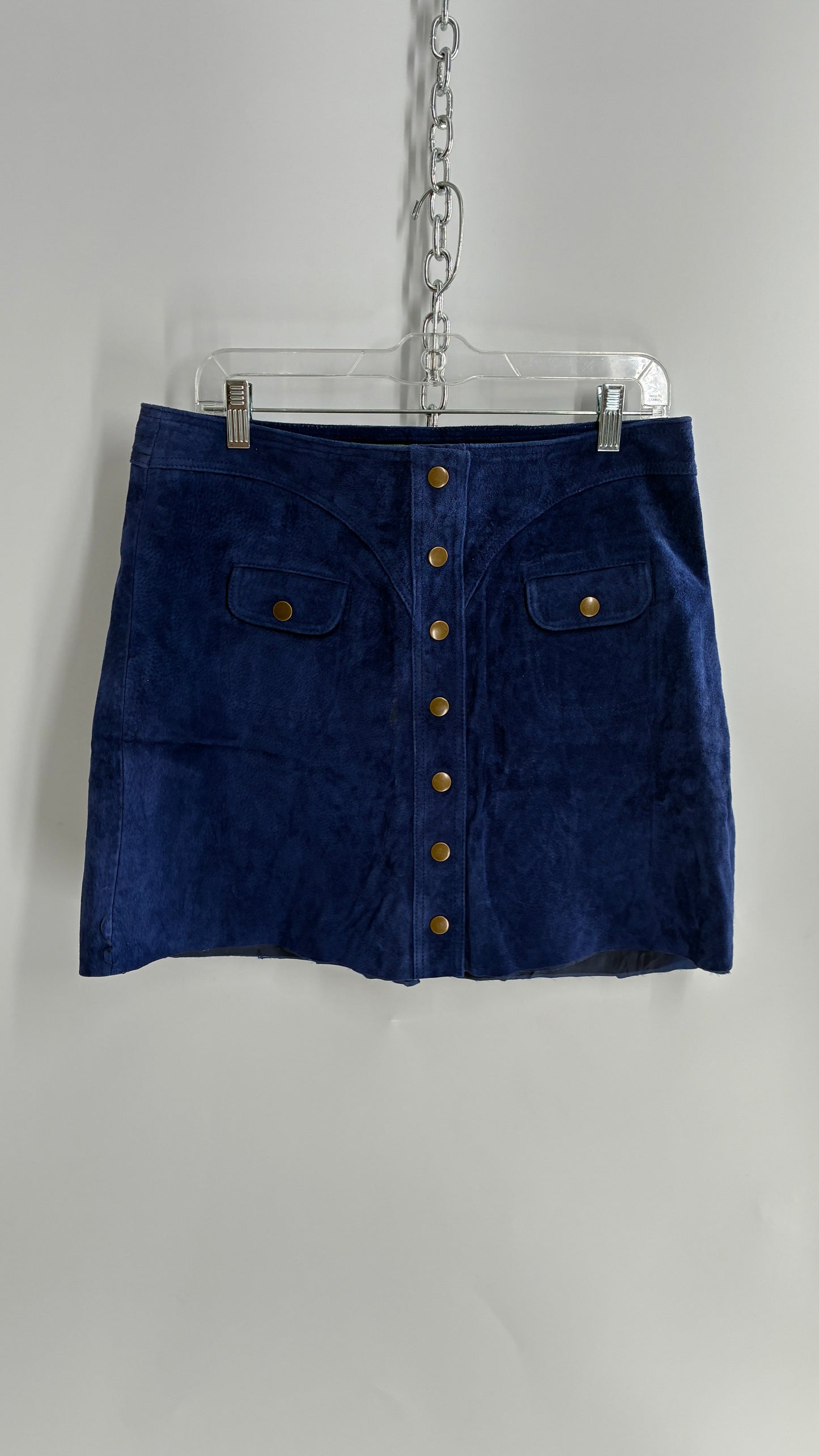 Anthropologie Royal Blue Suede Leather Button Front Skirt with Pocket Details and Vintage Stitching (12P)