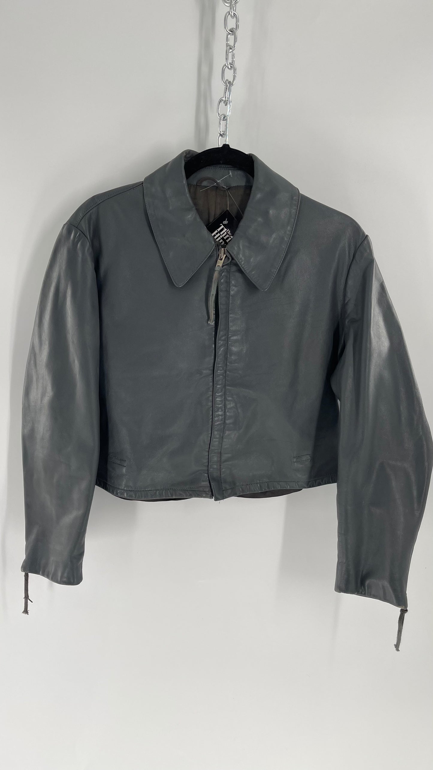 Vintage Grey Leather Cropped Jacket with Collar, Zippered Forearms, and Laced Up Detailing on Sides Small)