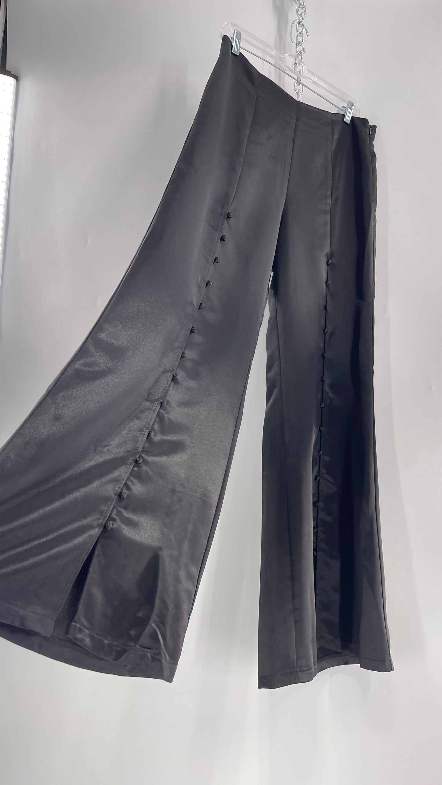 WHY Sultry Steps Black Satin Wide Leg Trouser with Vertical Strip of Satin Buttons (Medium)