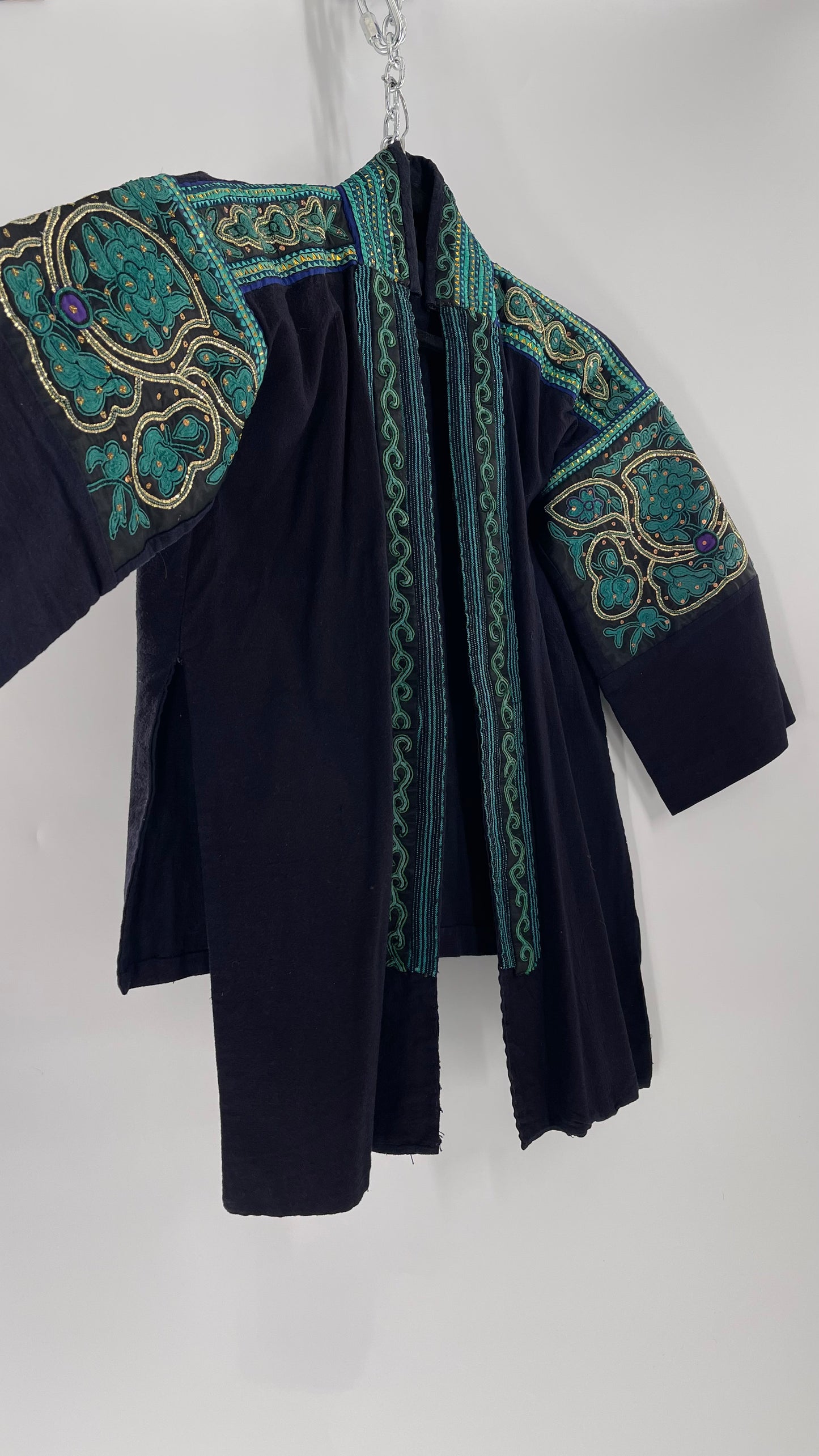 Chinese Vintage Unisex Forbidden Stitch Giuzhou Embroidered Teal Jacket (One Size)