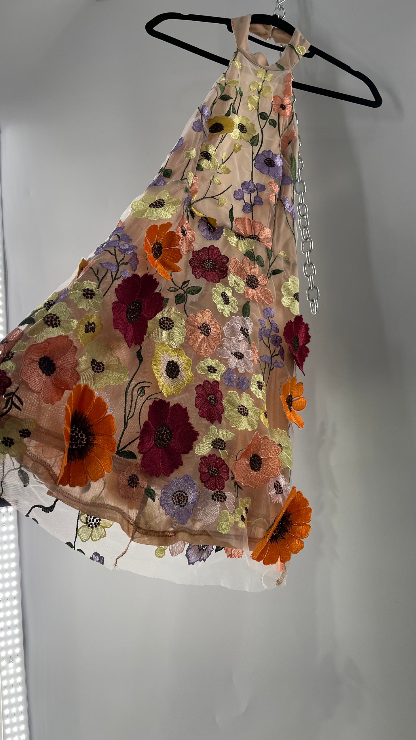 Mesh Backless Mini Dress with Halter Neckline covered in 3D Colorful Embroidered Flower Appliqués (Medium)