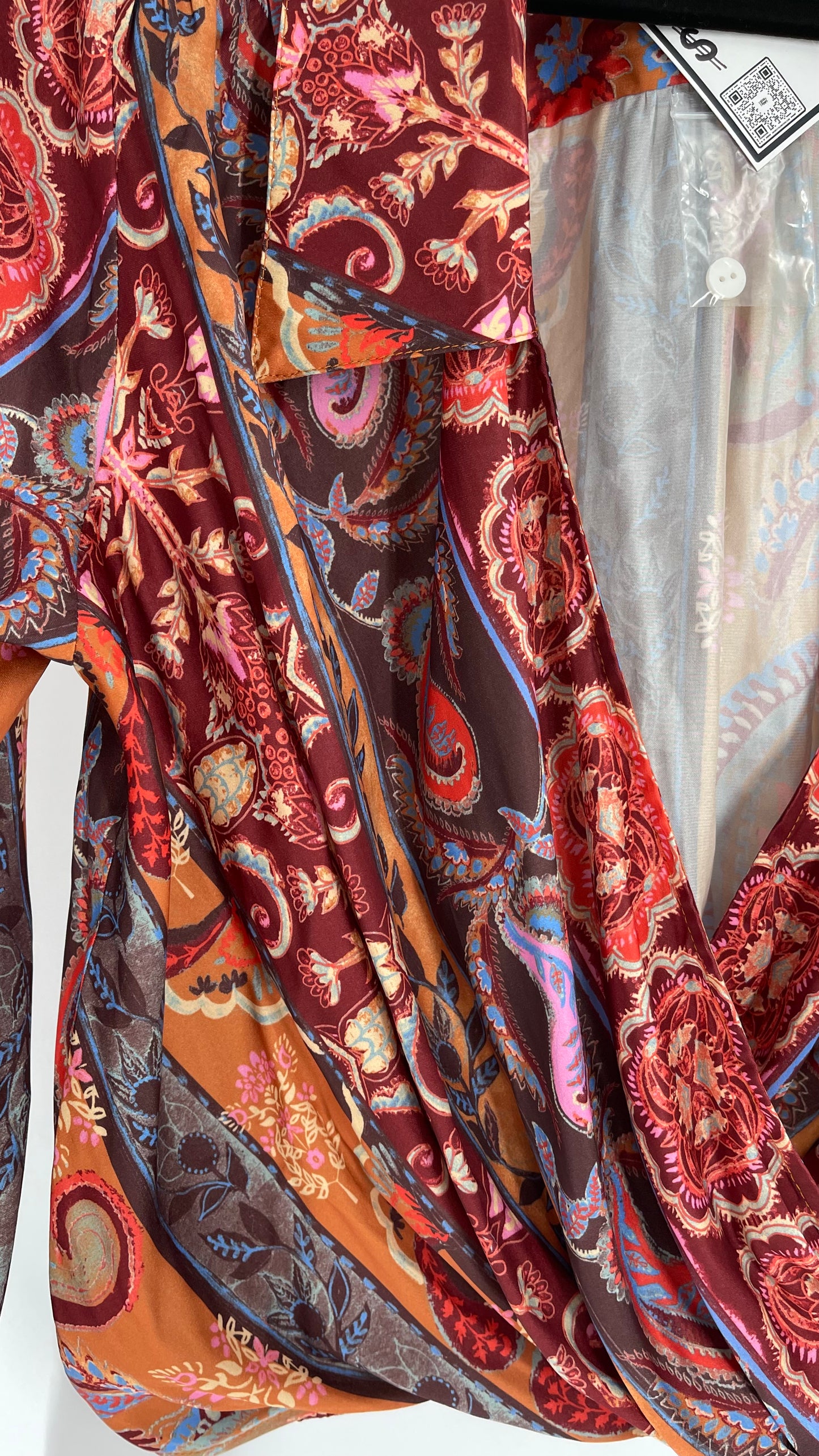 Free People Warm Tones Satin Paisley Drape Front Button Cuff Blouse (Large)