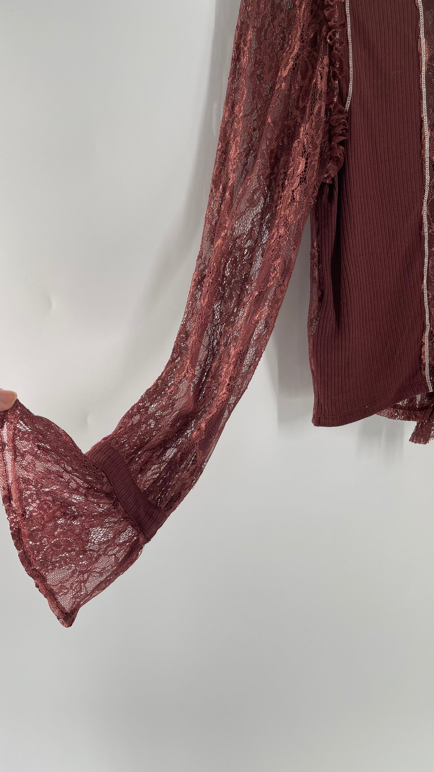 Free People Maroon Burgundy Lace Button Front Blouse with Ruffled Bodice with Tags Attached (Large)