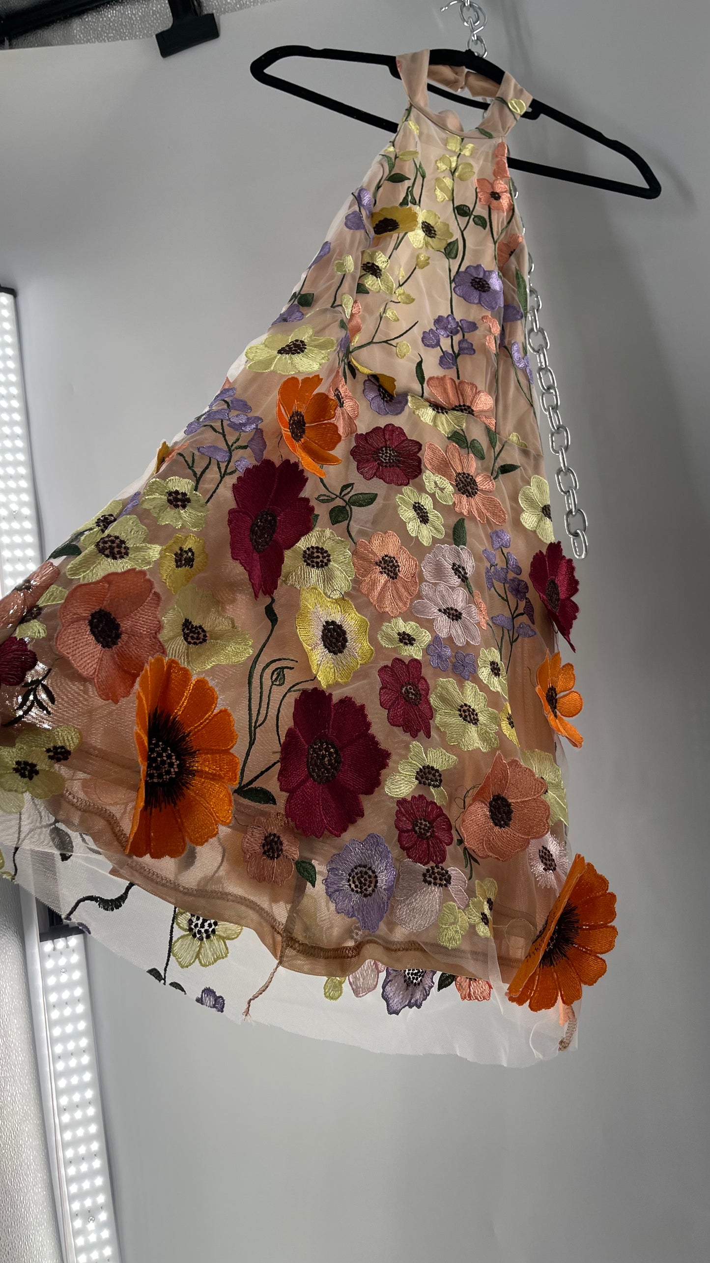 Mesh Backless Mini Dress with Halter Neckline covered in 3D Colorful Embroidered Flower Appliqués (Medium)