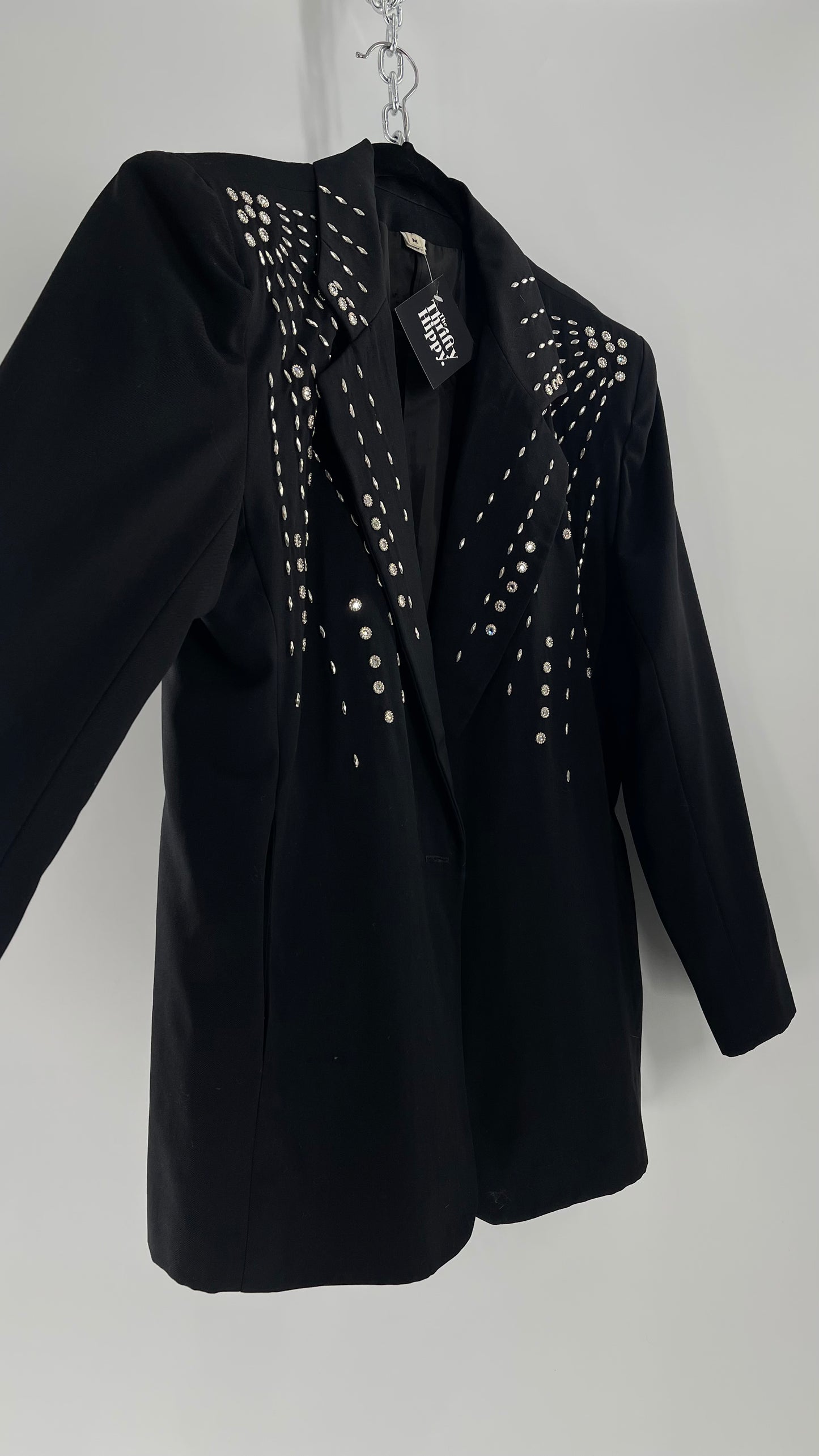 Vintage Black Blazer with Silver Metal Studs and Rhinestone Embellishments (C)(Medium)