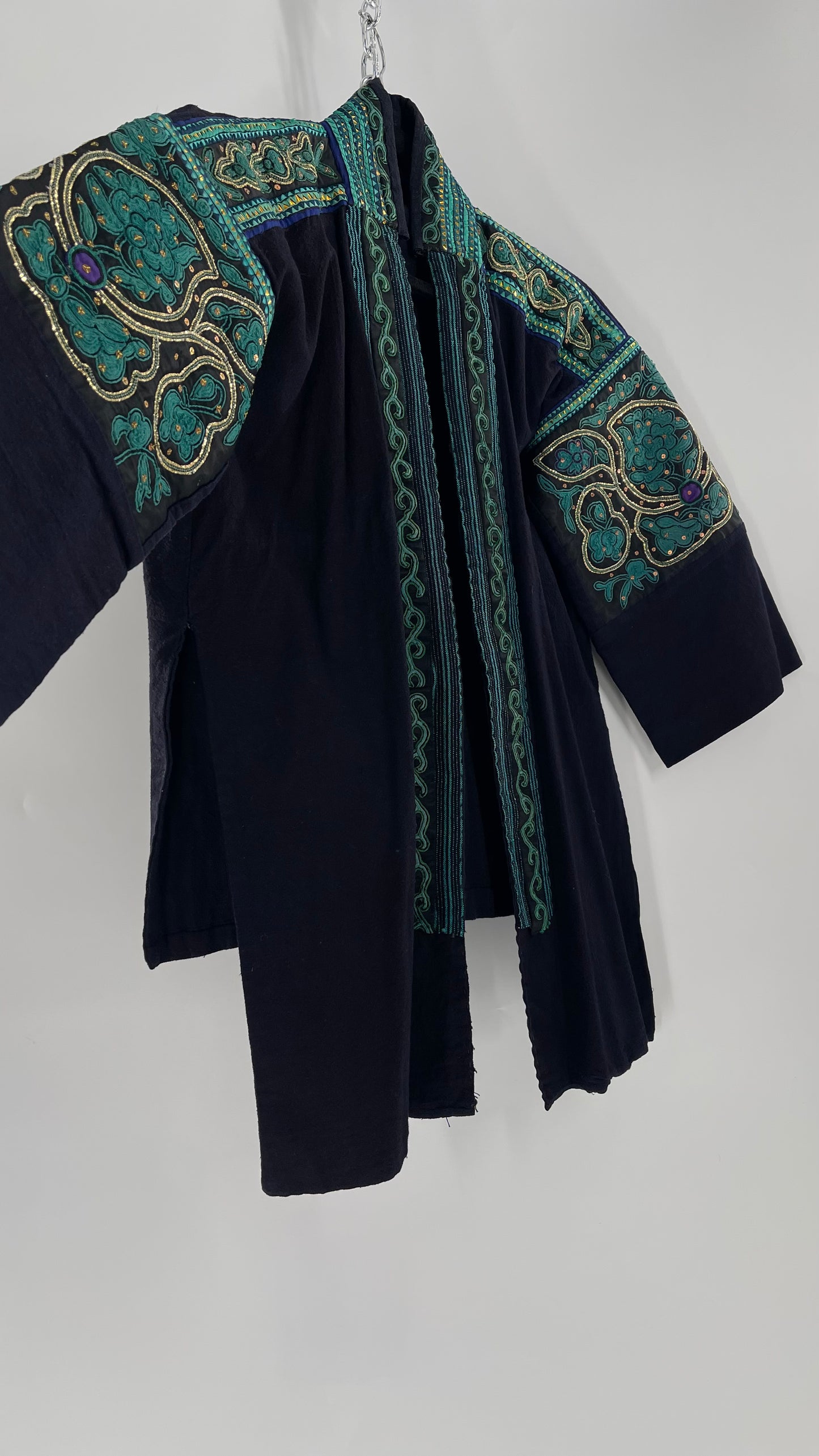 Chinese Vintage Unisex Forbidden Stitch Giuzhou Embroidered Teal Jacket (One Size)
