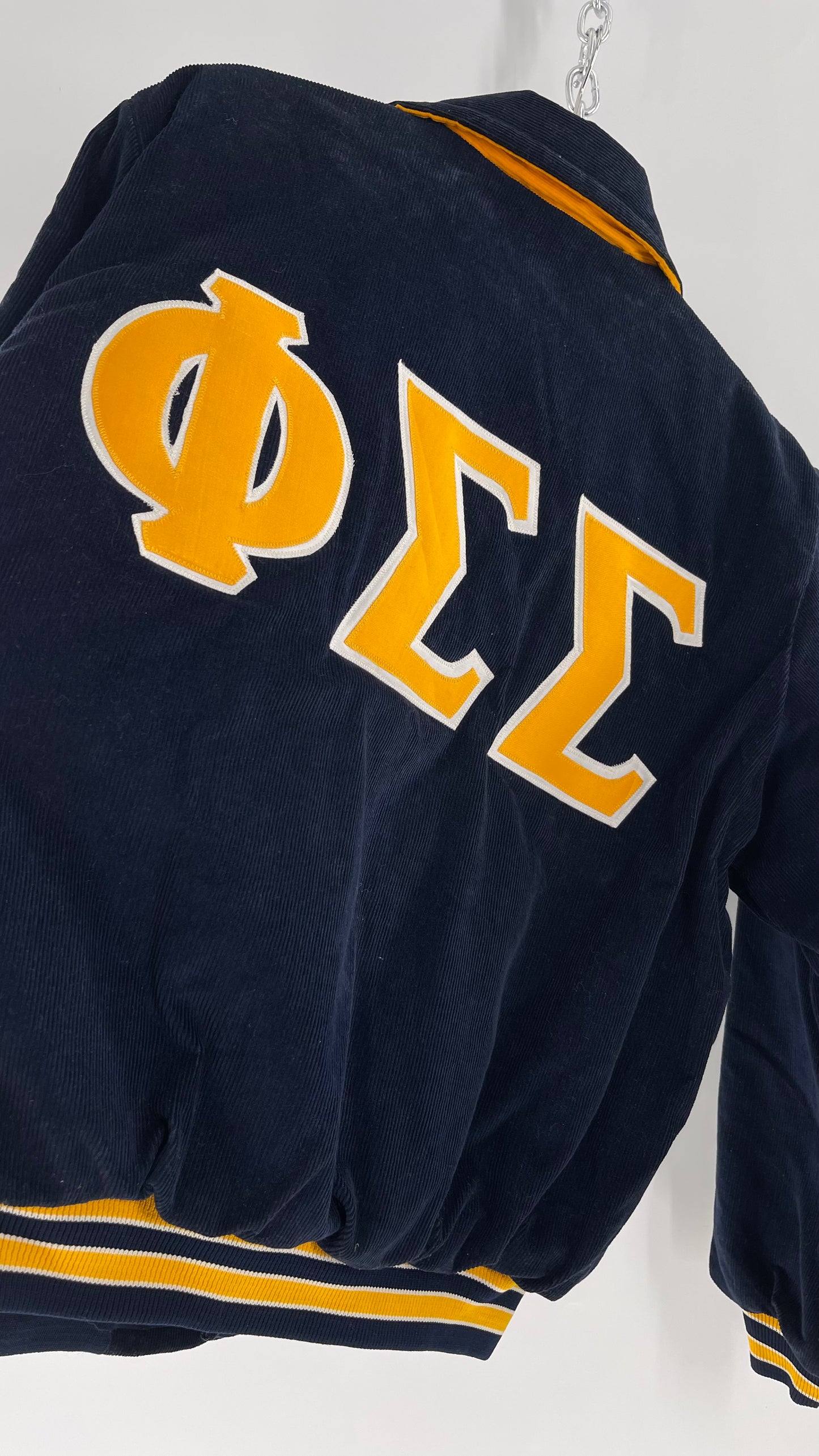 Birdie Vintage Phi Sigma Sigma Navy Blue Corduroy Varsity/Sorority Jacket with Contrast Yellow Patches and Embroidered “Paula” Monogram (Large)